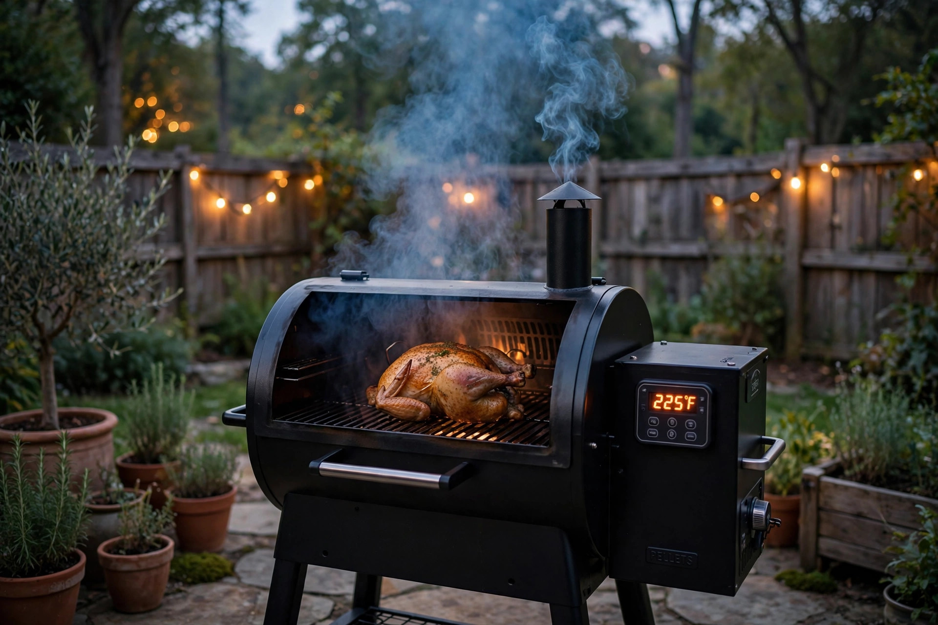 pellet smoker recipes for beginners: A pellet smoker on a backyard patio cooking chicken