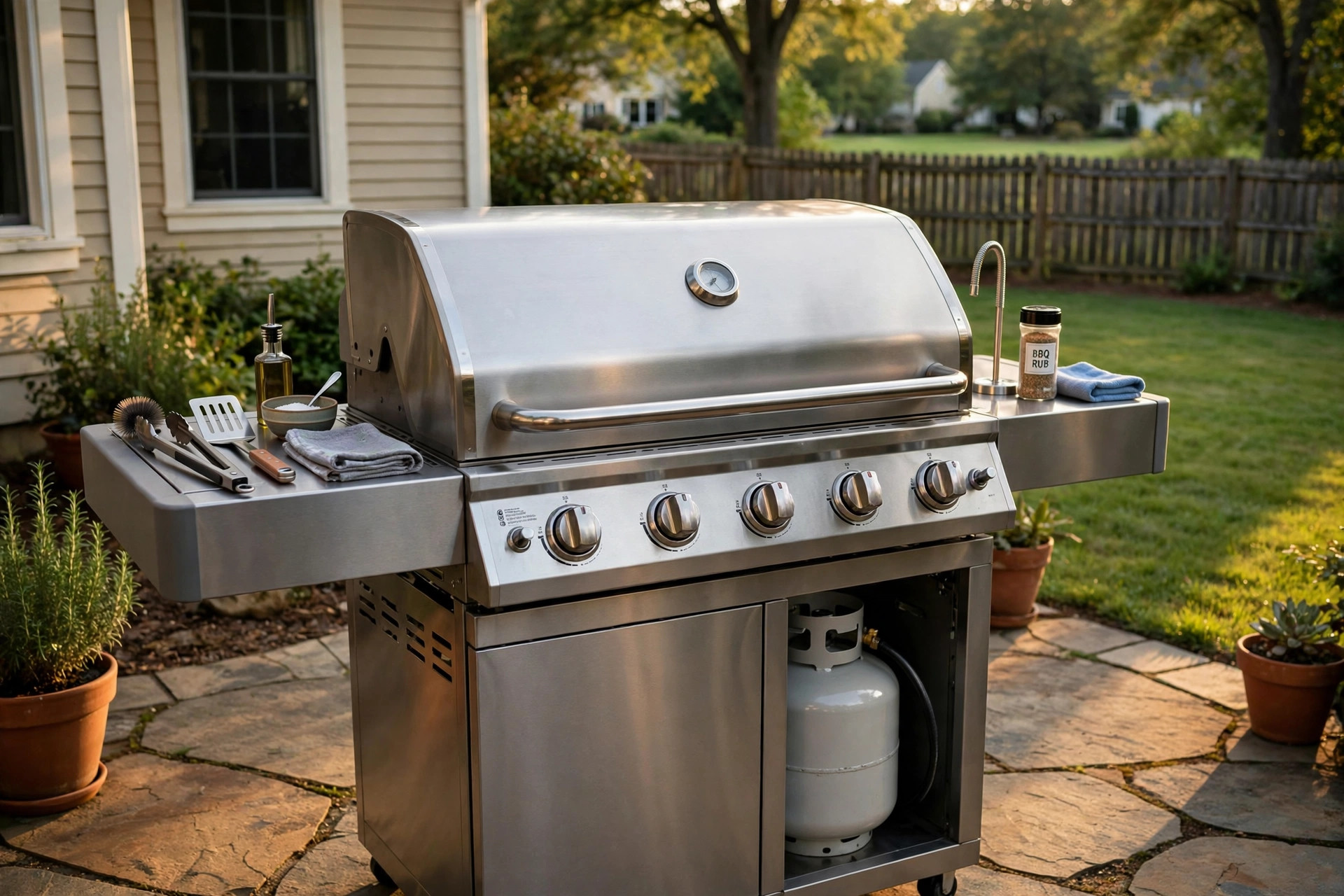 best natural gas grill for home: Stainless steel natural gas grill on a backyard patio
