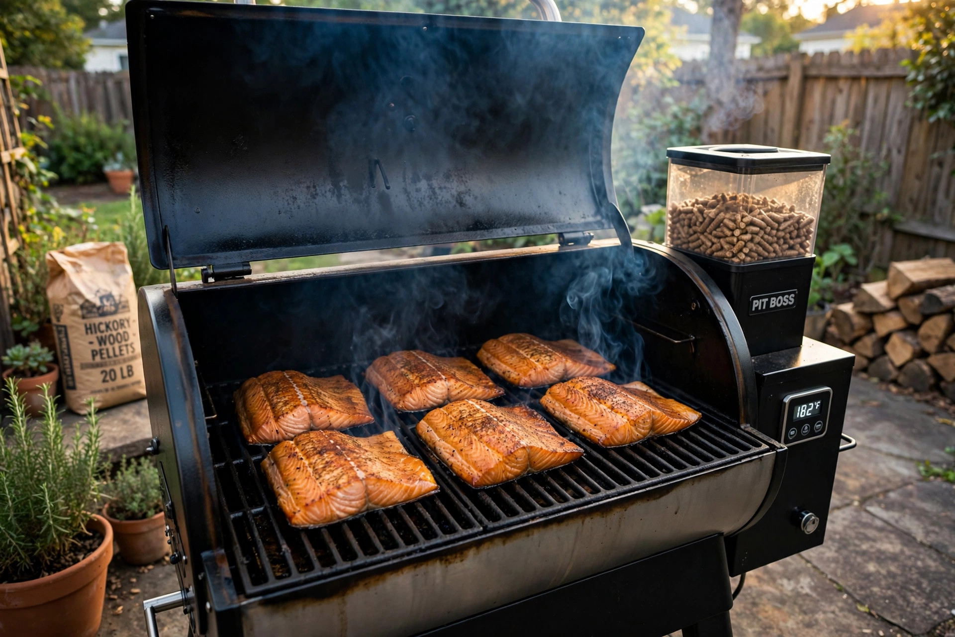 how to smoke salmon on pellet grill: Smoked salmon fillets on a pellet grill with thin blue smoke rising
