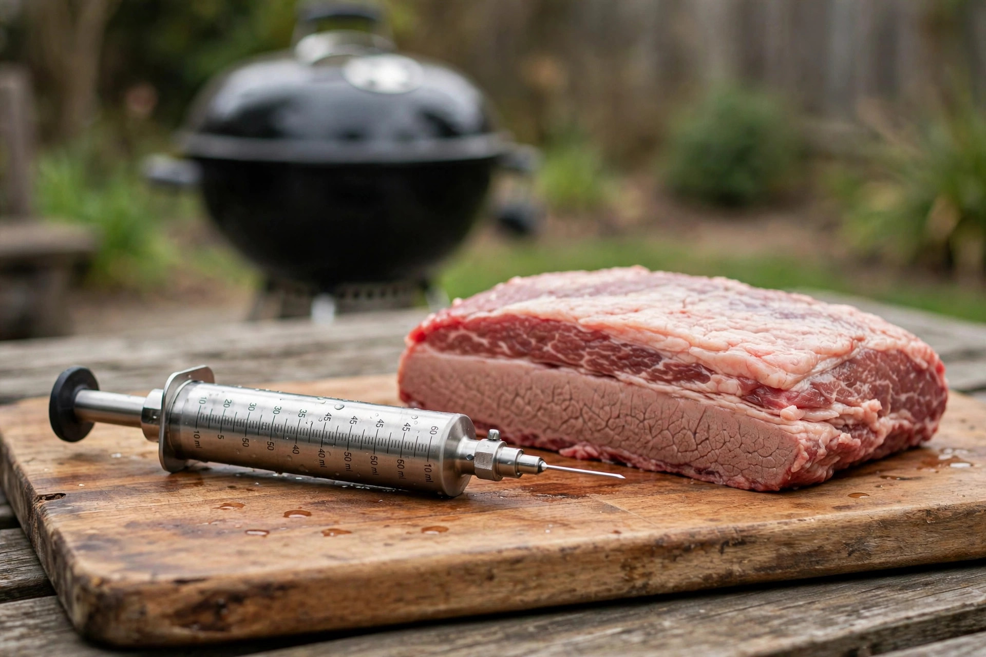 best bbq injector for brisket reviews: Stainless steel BBQ injector for brisket beside a raw brisket on a cutting board