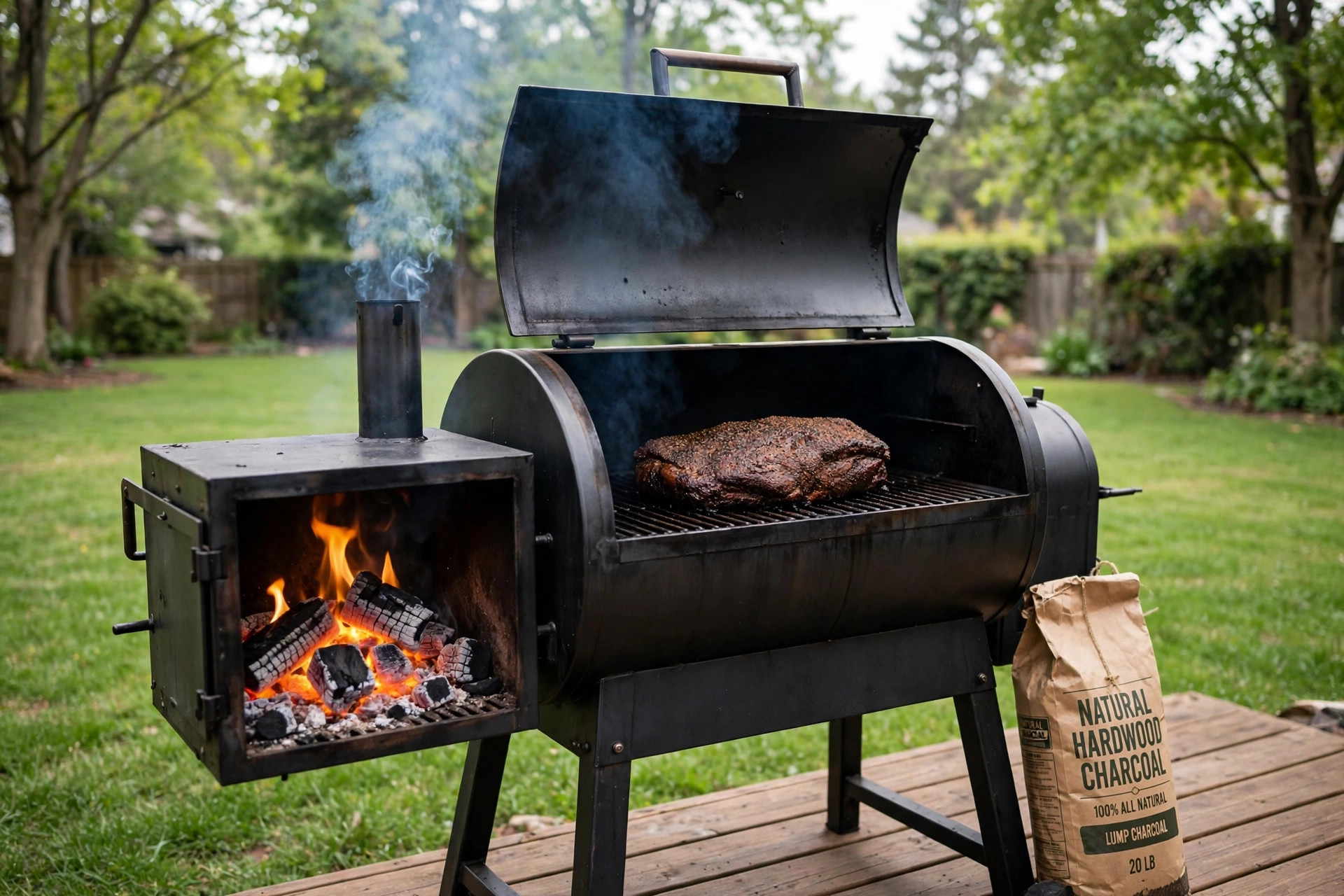 Brisket smoking over charcoal in a backyard smoker with the best charcoal for smoking brisket reviews