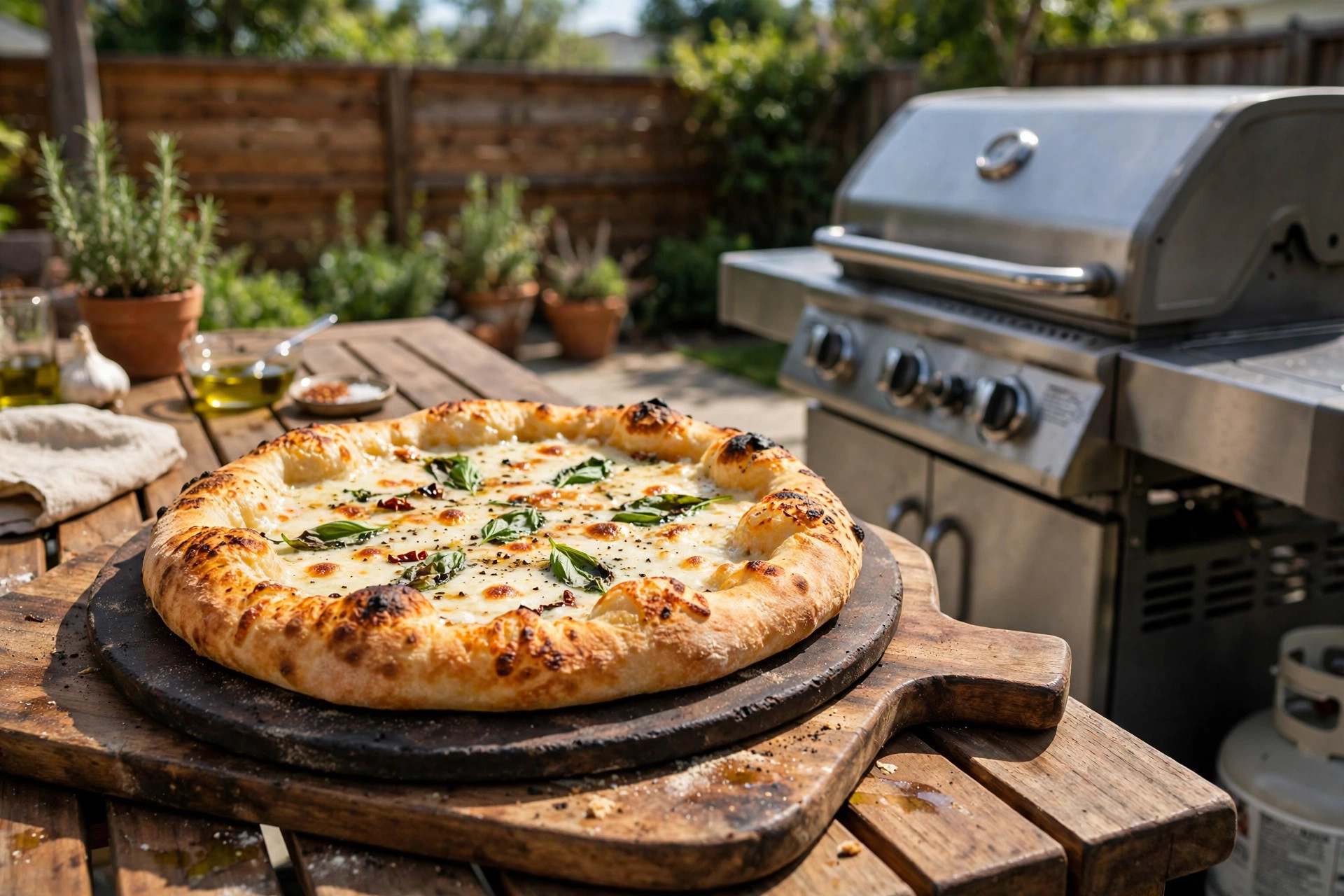 how to grill pizza on gas grill: A grilled pizza with charred crust cooling on a pizza stone beside a gas grill