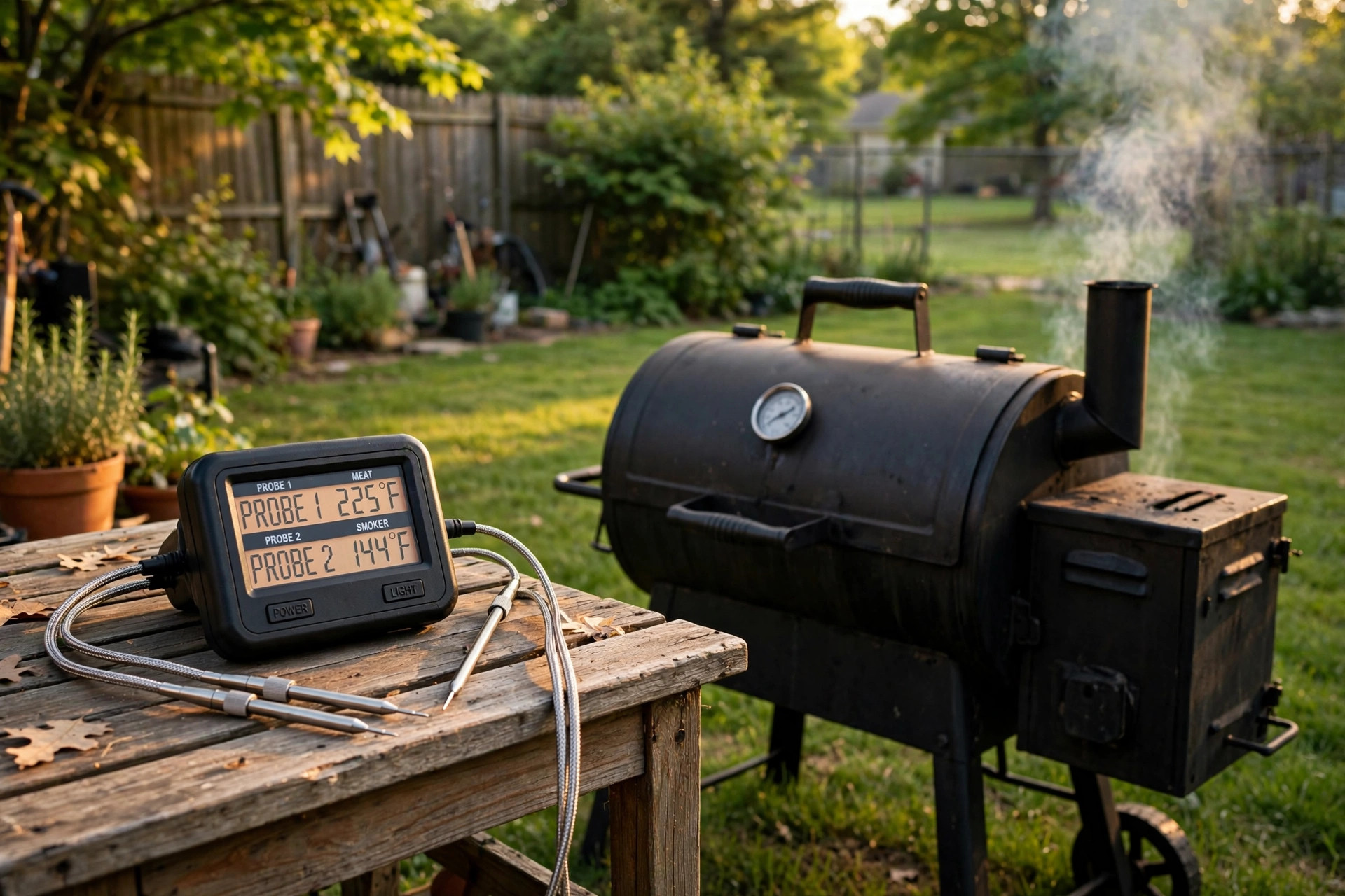 A dual probe thermometer resting beside a backyard smoker, best smoker thermometer dual probe reviews