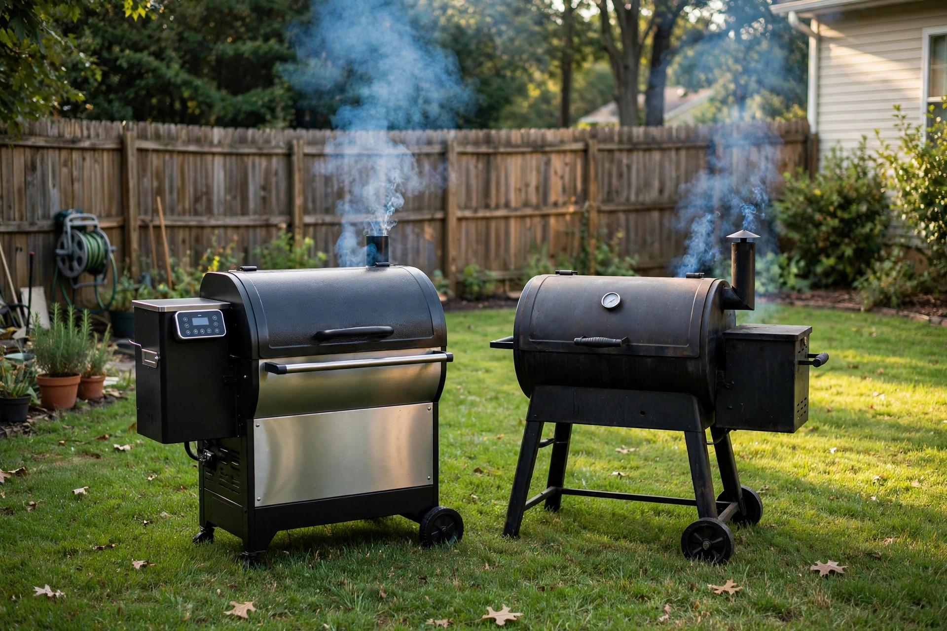Pellet grill vs offset smoker flavor comparison in a backyard