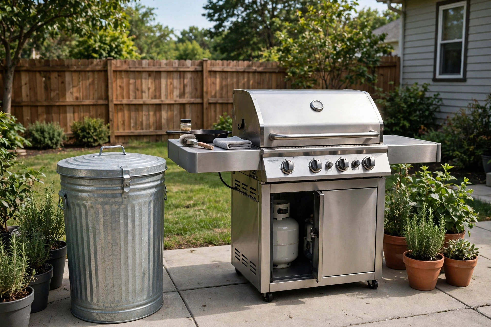 Best outdoor trash can for grill area beside a barbecue grill in a backyard patio