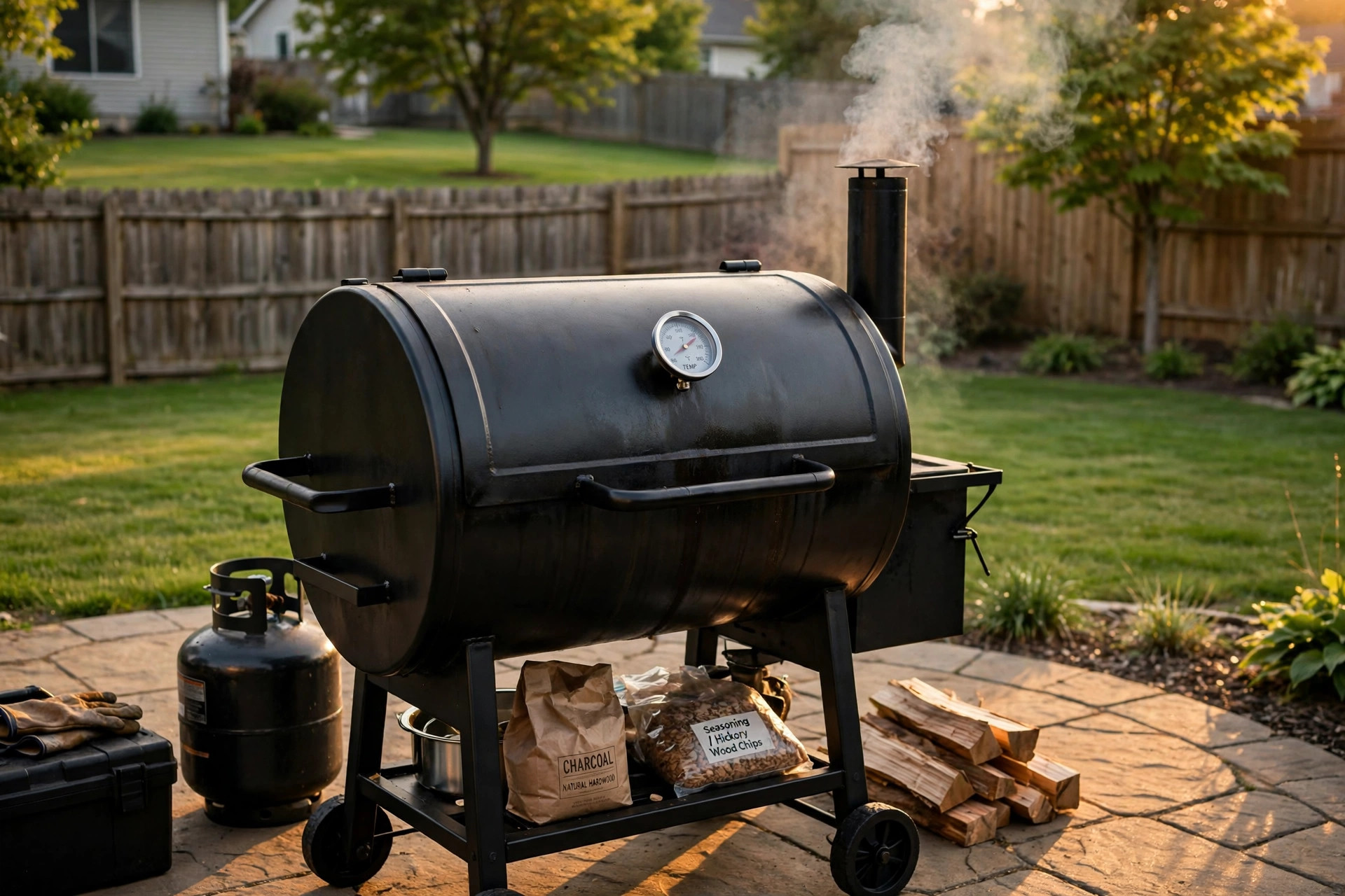 how to season new smoker before use: A new backyard smoker giving off light smoke during its first seasoning burn