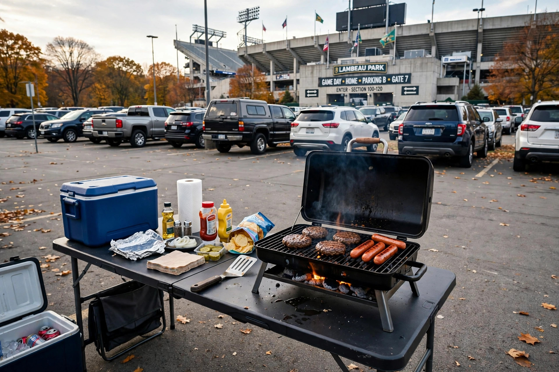 best grill for tailgating portable reviews: Portable tailgate grill cooking burgers in a stadium parking lot