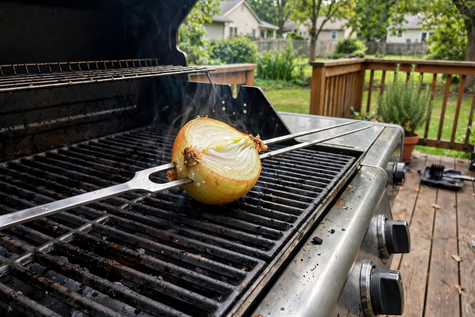 Cleaning a hot grill grate with a halved onion to show how to clean grill grates with onion