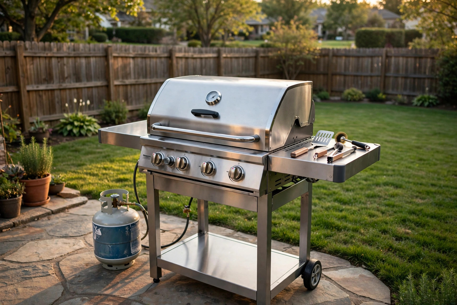 A new gas grill in a backyard, focus of this gas grill buying guide for beginners