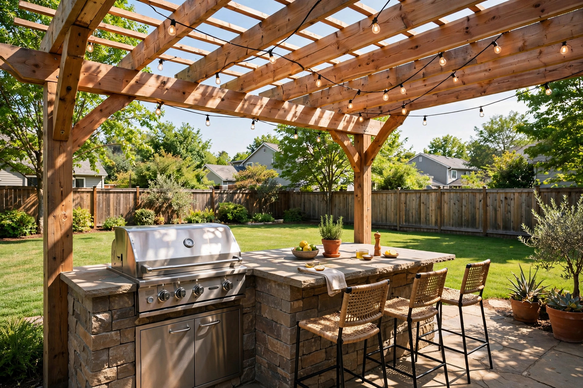 Outdoor kitchen pergola ideas for shade in a sunny American backyard