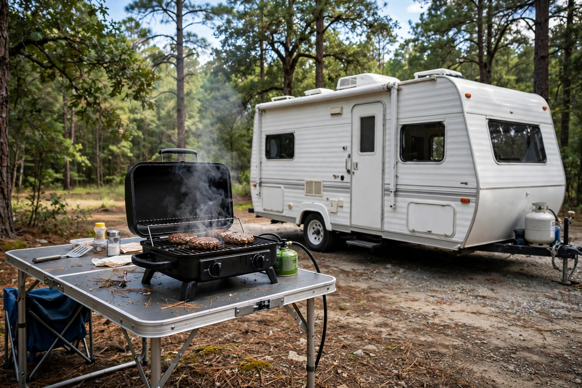 best grill for rv camping reviews: Best grill for RV camping set up beside a travel trailer