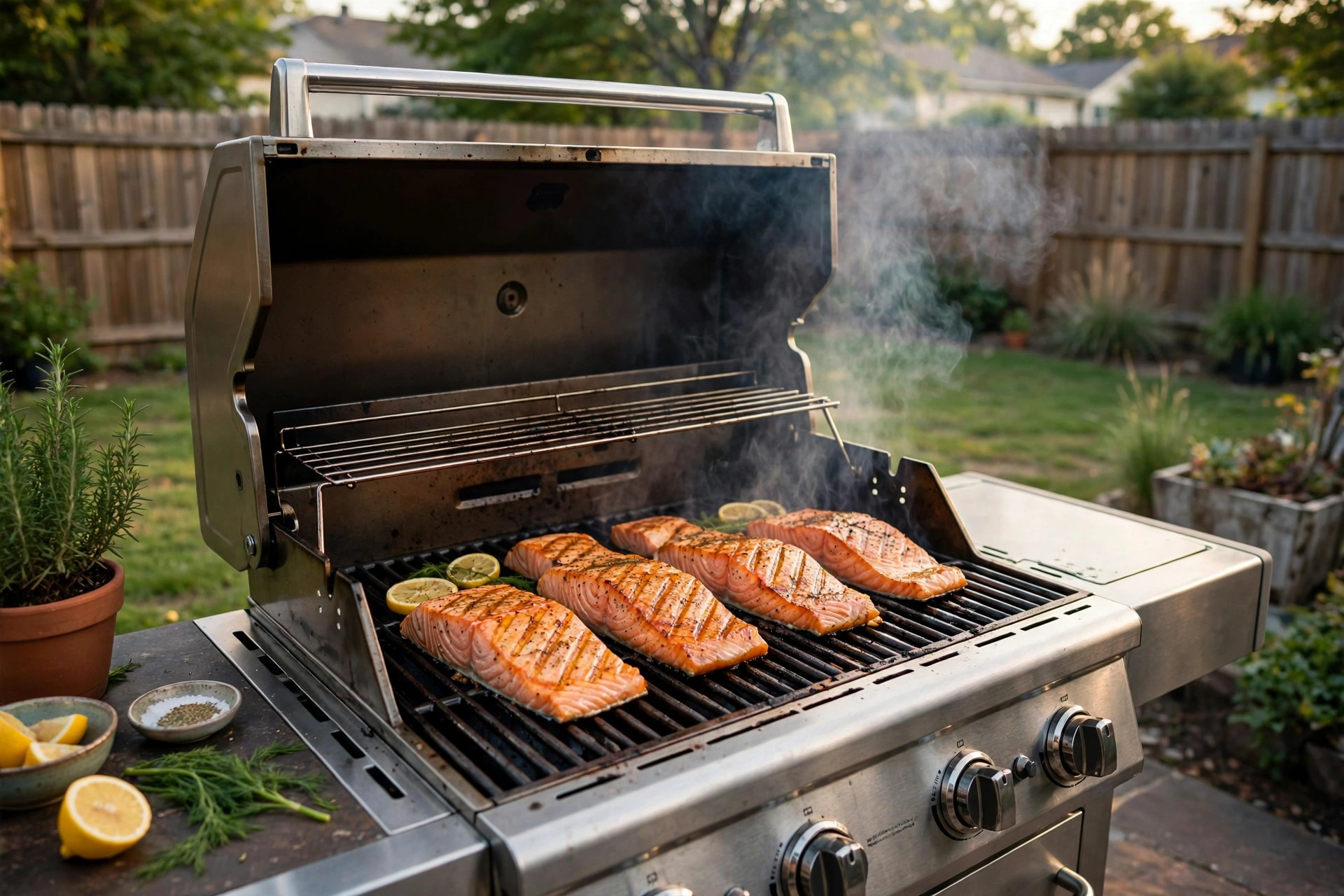 how to grill fish without sticking: Fresh fish fillets grilling on clean grates without sticking