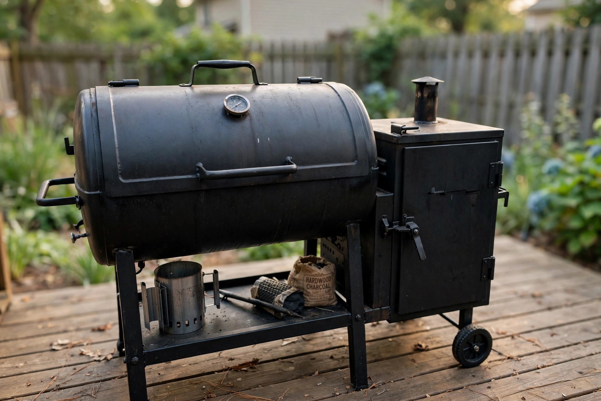 best grill smoker combo for beginners: A new grill smoker combo unit on a wooden backyard deck