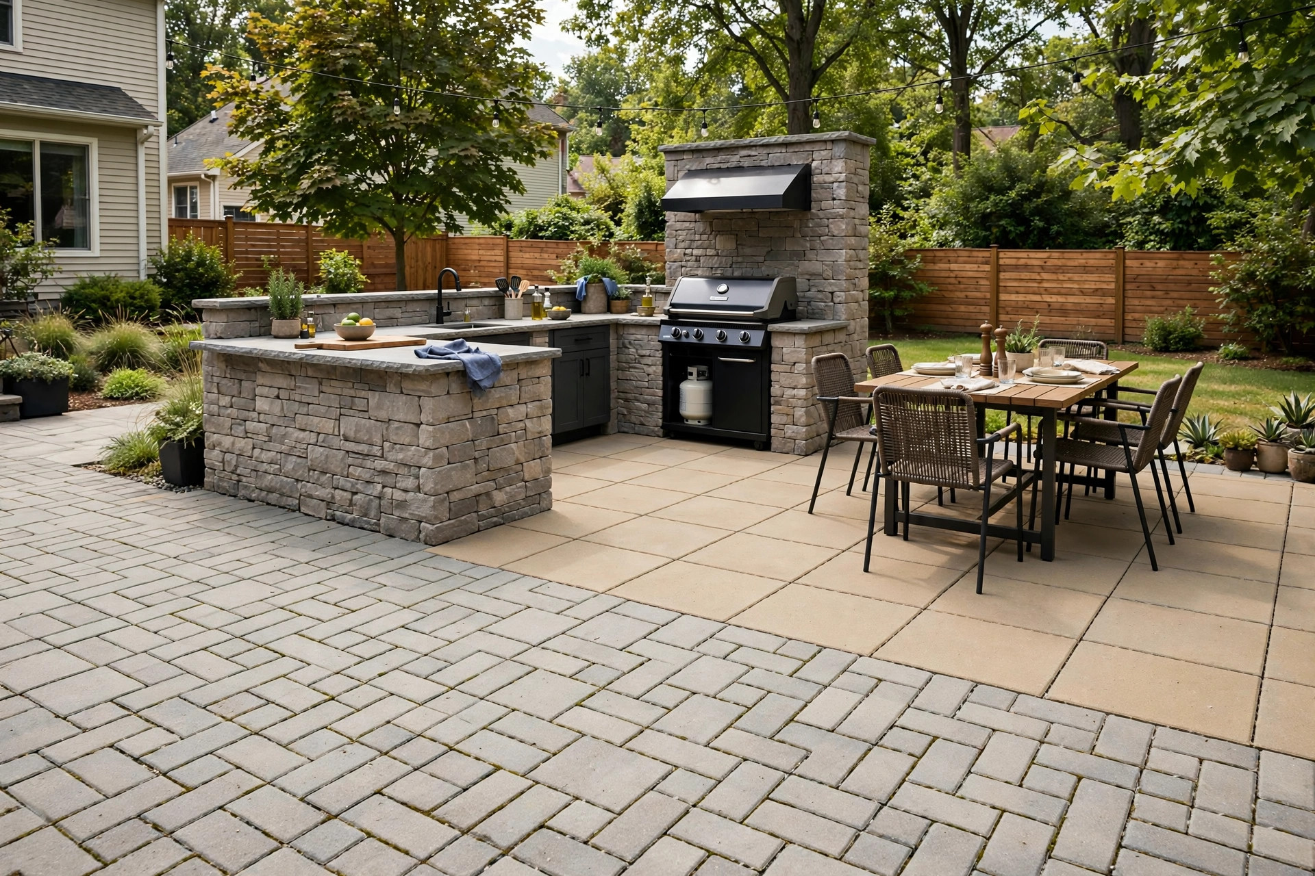 Outdoor kitchen flooring options for patio shown in a real backyard grill setup