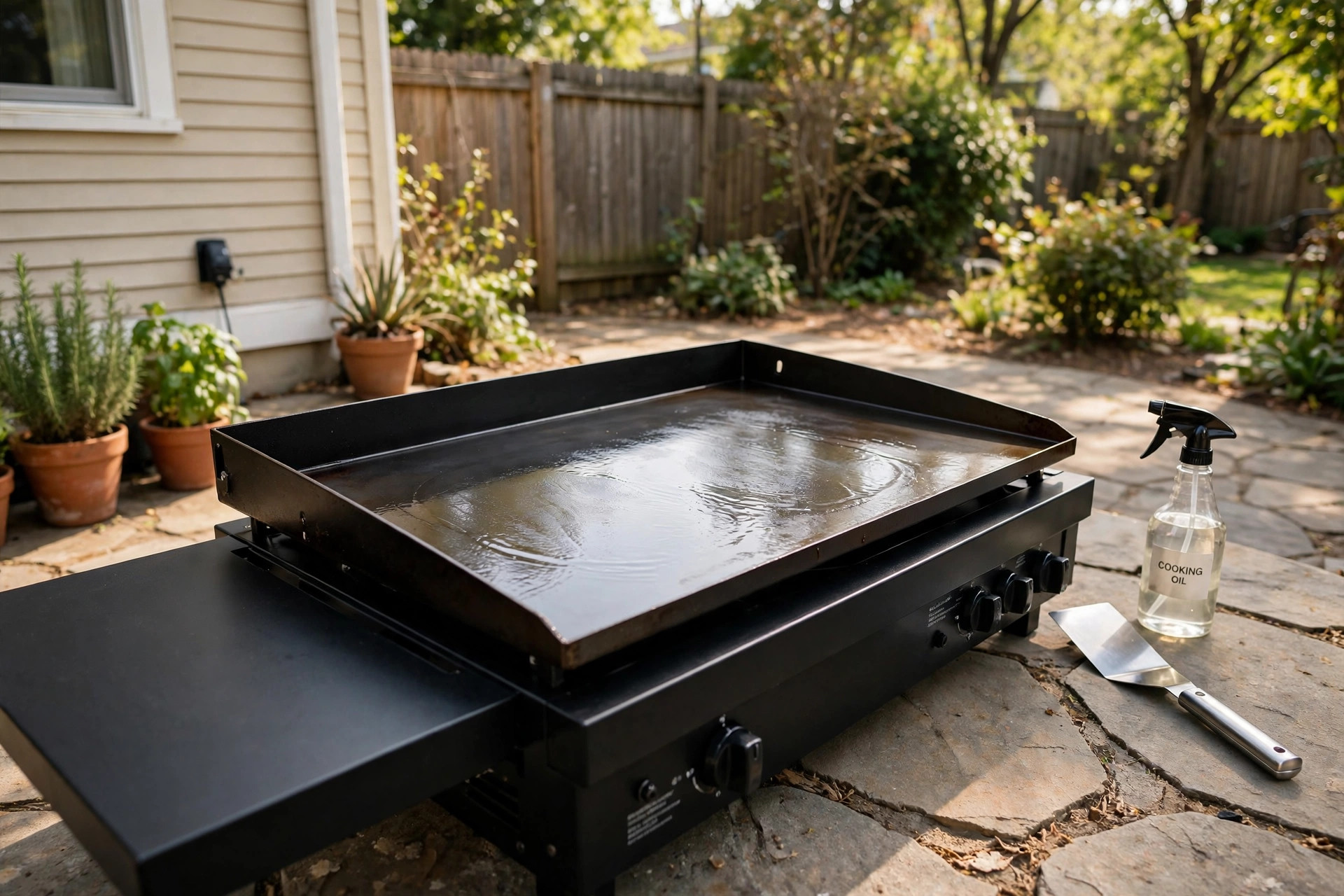 how to clean outdoor griddle after cooking: A clean flat top outdoor griddle on a backyard patio