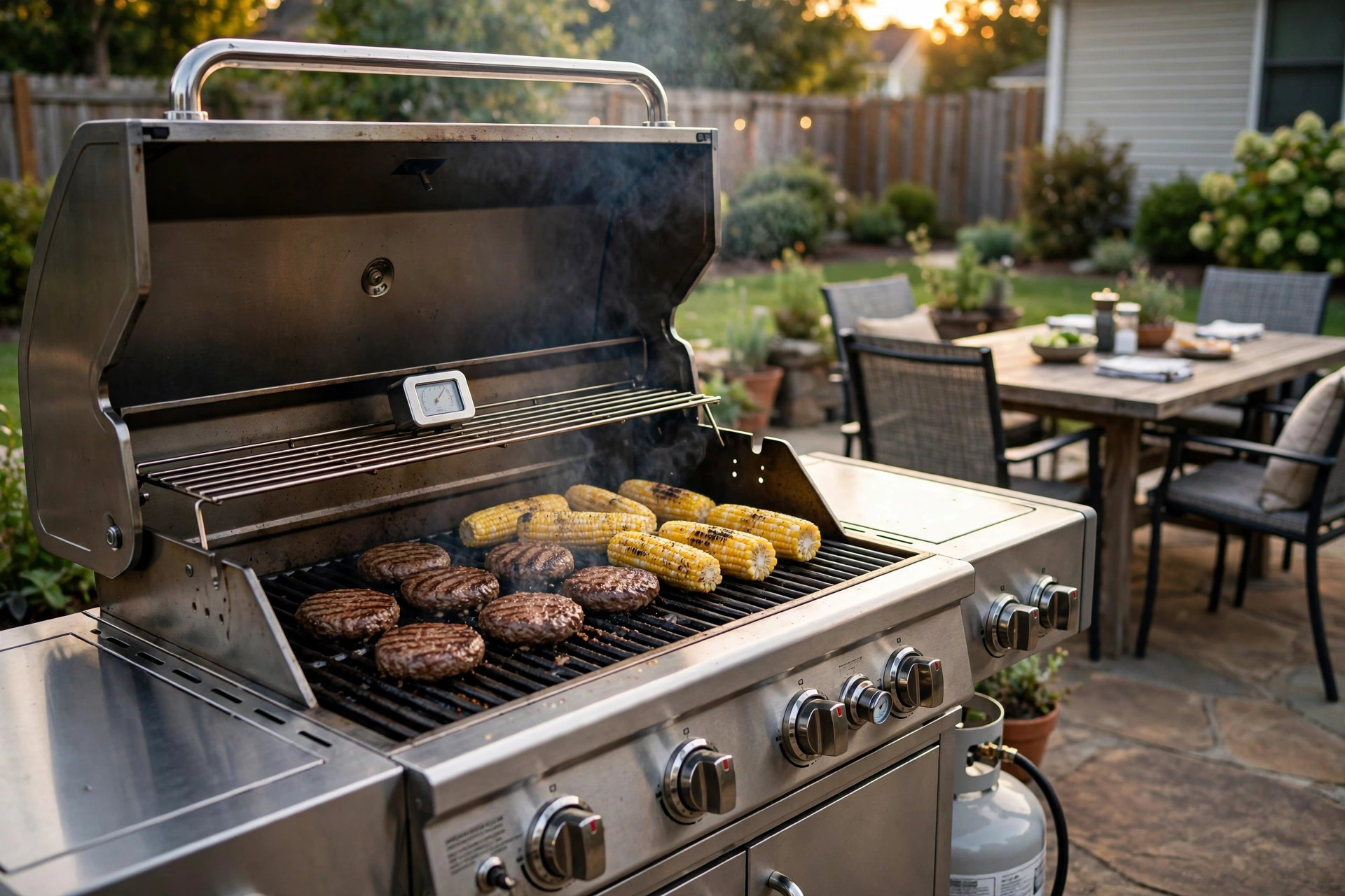 best grill for large families reviews: A large family gas grill with the lid open on a patio, ready for a backyard cookout