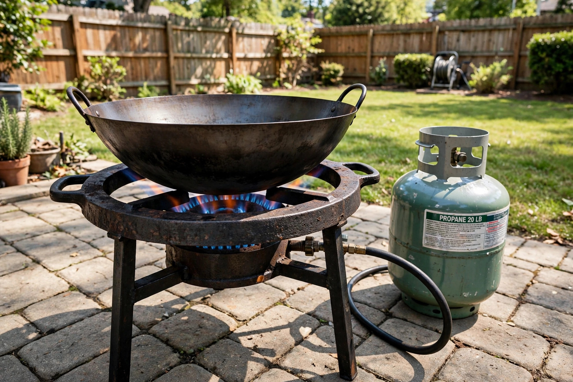 best outdoor wok burner for patio: Cast iron outdoor wok burner on a home patio with a round bottom wok