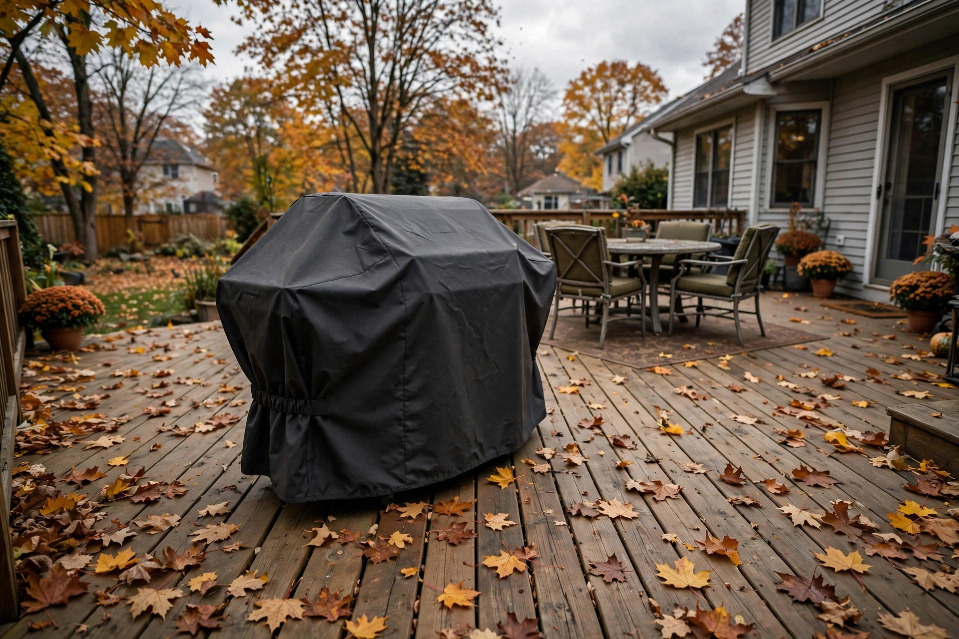 how to store grill for winter outdoors: A covered grill on a backyard deck in autumn, ready for winter storage