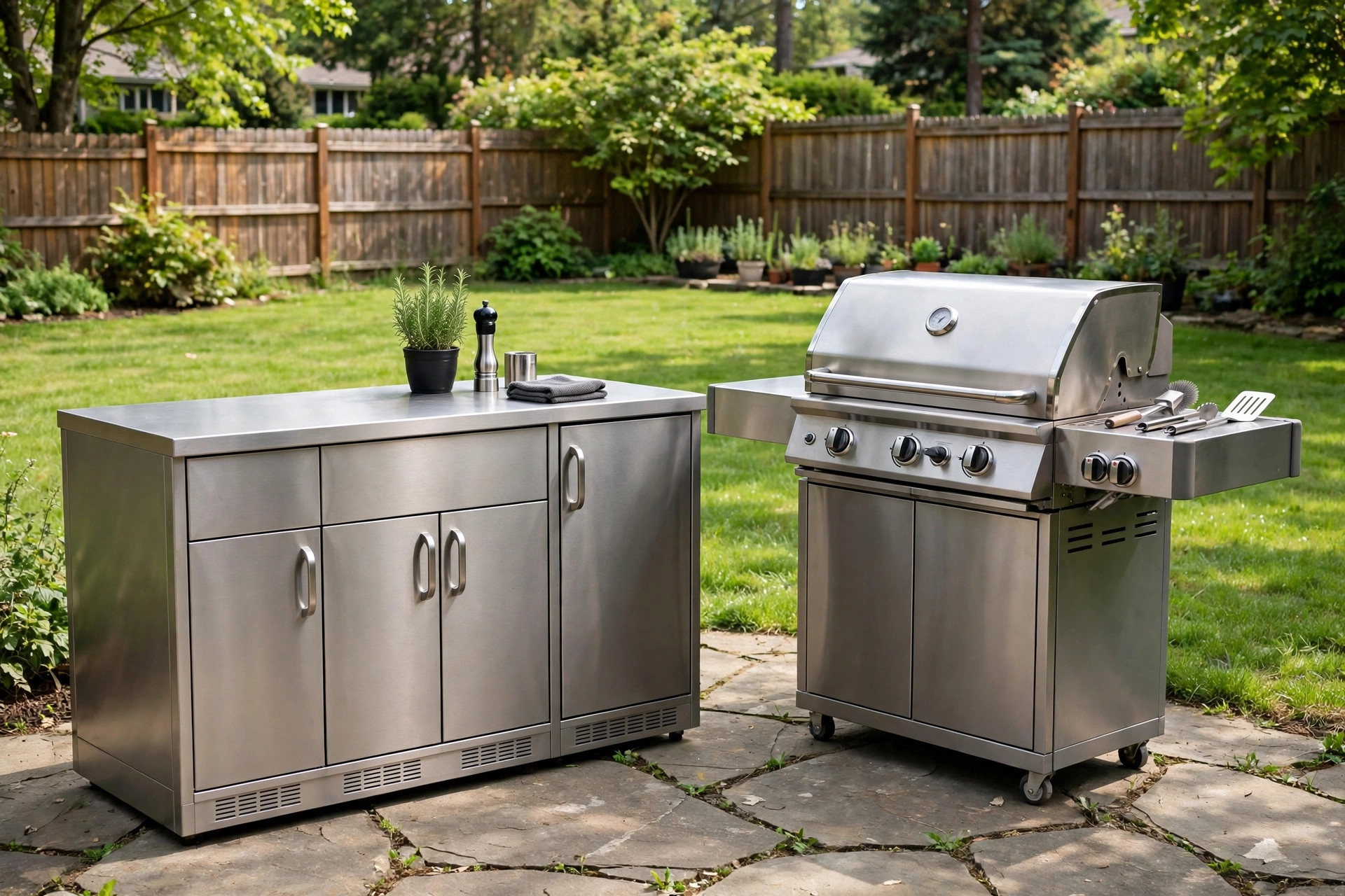 outdoor kitchen cabinets weatherproof reviews: Weatherproof outdoor kitchen cabinets in a backyard setting