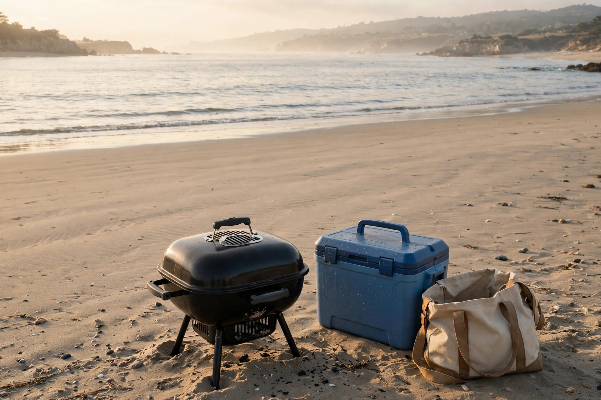best portable charcoal grill for beach: Portable charcoal grill on the beach next to a cooler
