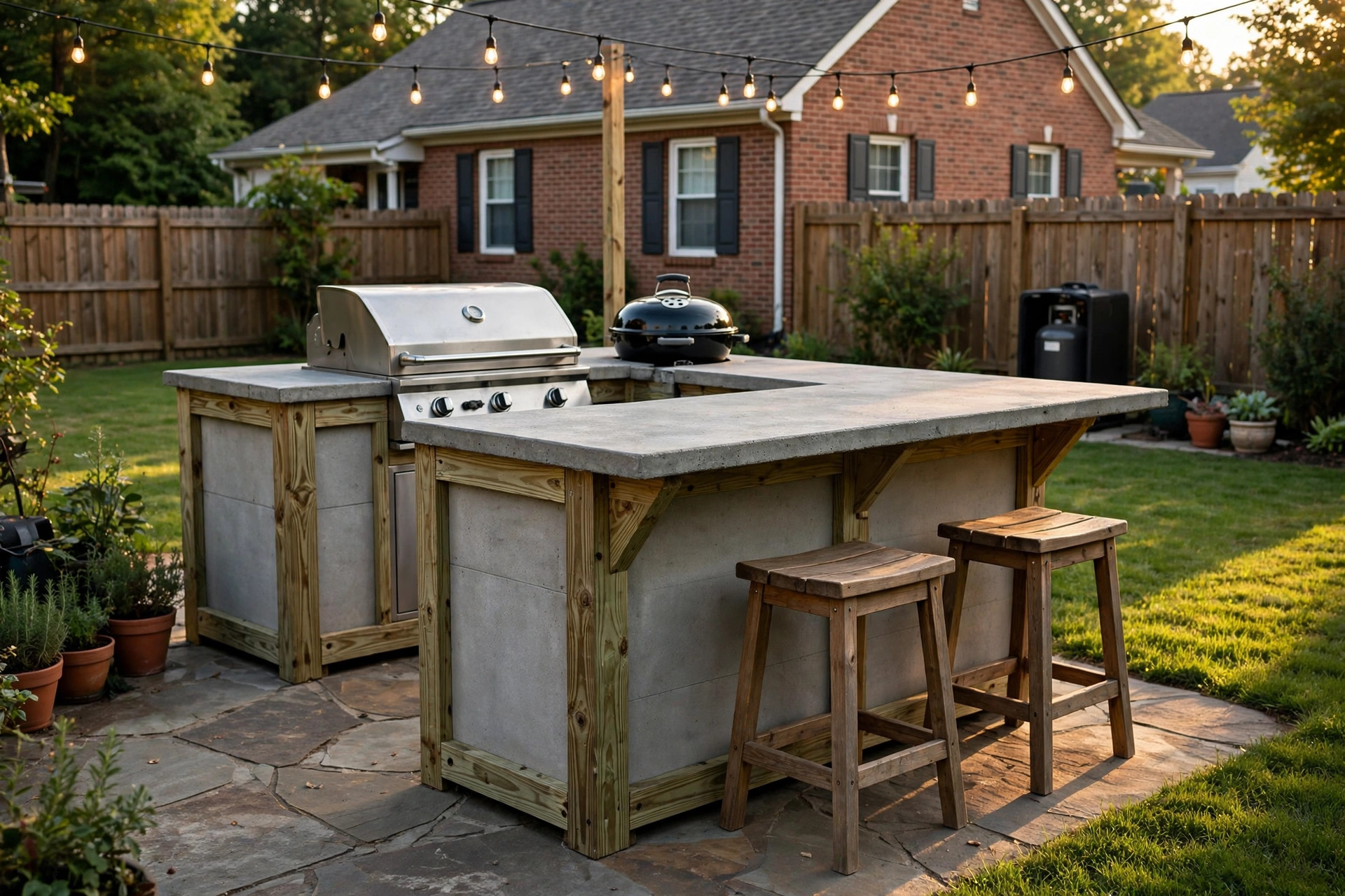 outdoor kitchen island plans for diy: Outdoor kitchen island built with DIY plans on a backyard patio
