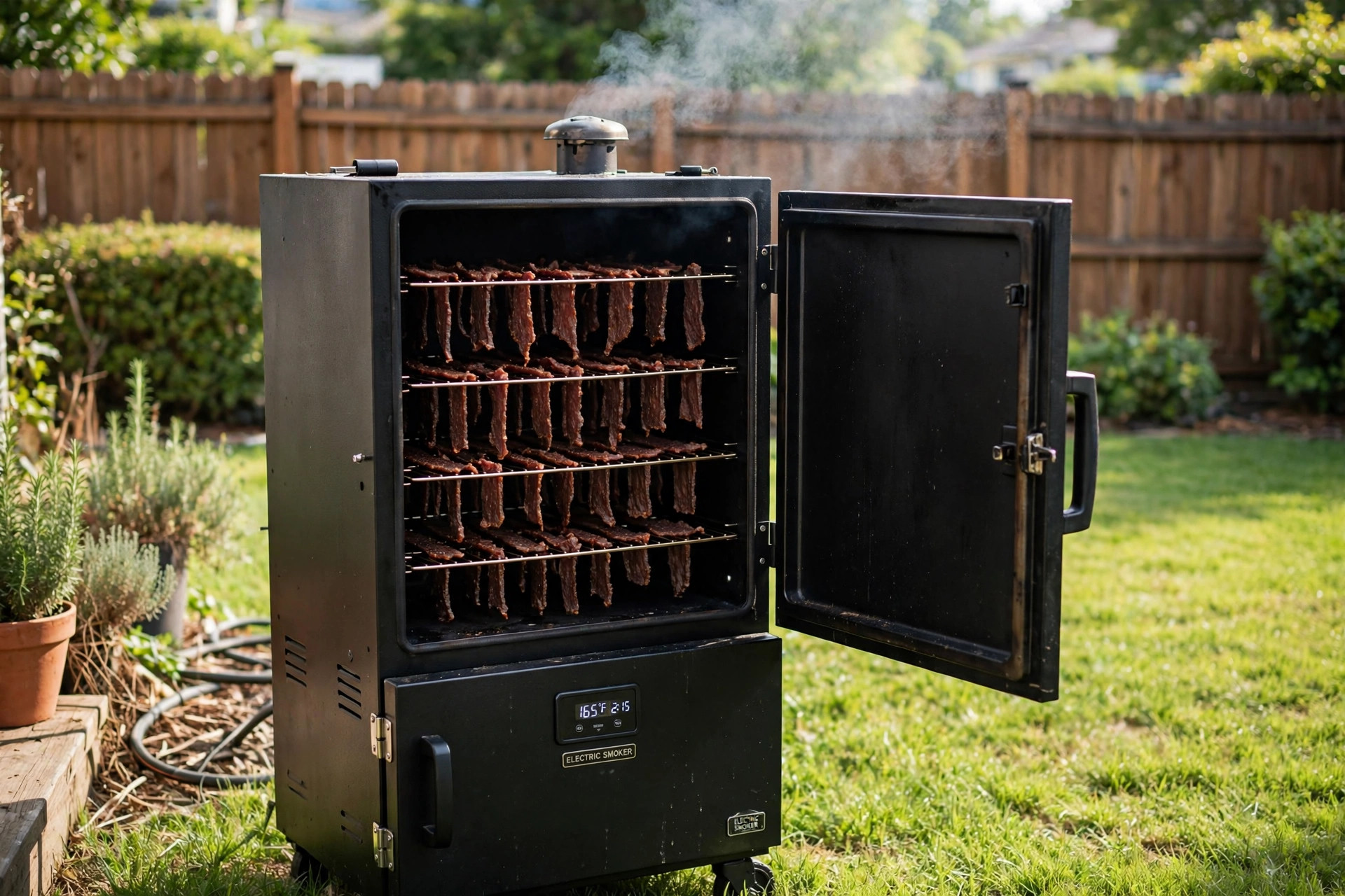 Electric smoker with jerky racks in a backyard for best smoker for jerky making reviews