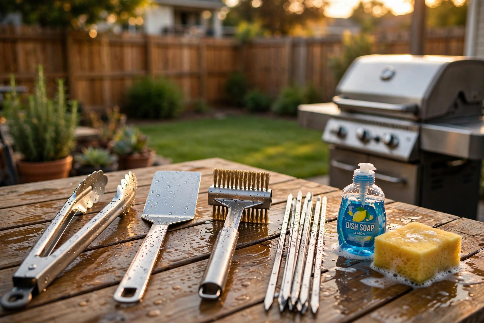 how to clean bbq tools after grilling: Stainless steel BBQ tools cleaned after grilling, laid on a patio table