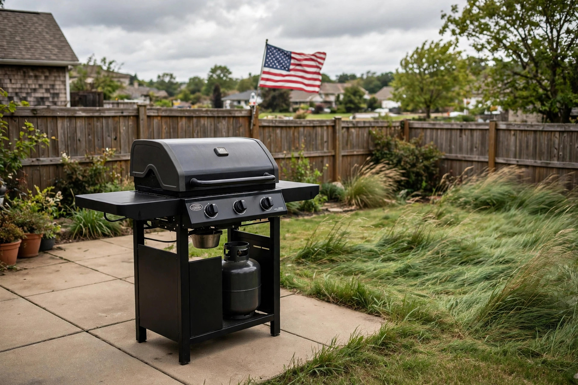 best gas grill for windy conditions: Gas grill standing firm in windy conditions on a backyard patio