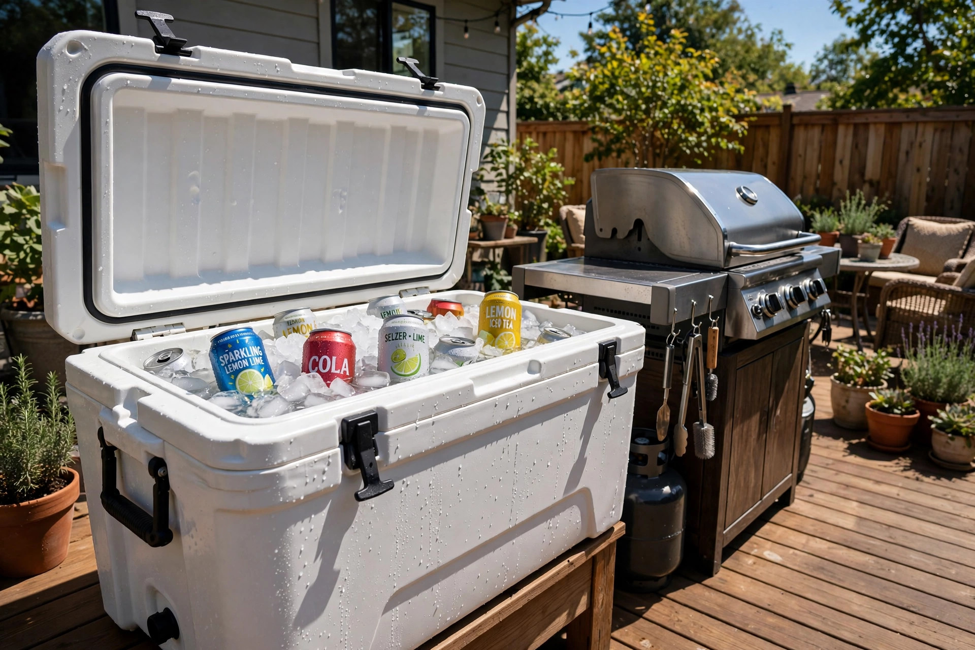 best outdoor beverage cooler for patio: A large outdoor beverage cooler on a sunny patio