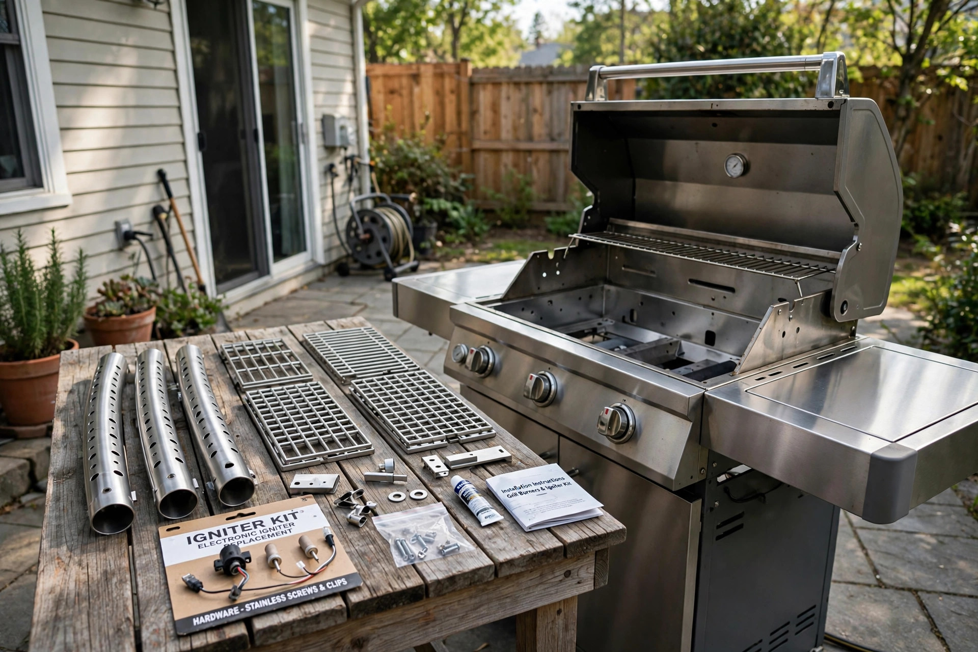 gas grill parts replacement guide: New gas grill burners, grates, and igniter parts laid out on a patio table next to a gas grill