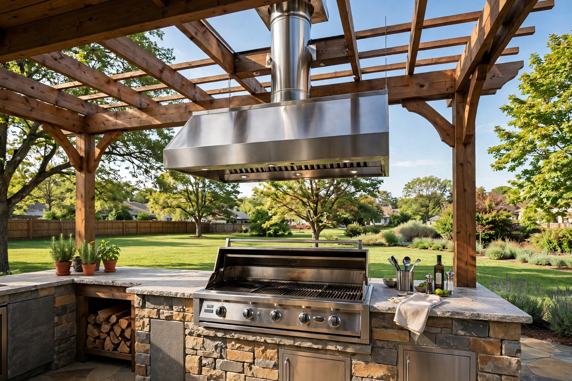 Outdoor kitchen ventilation requirements guide showing a vent hood over a grill station