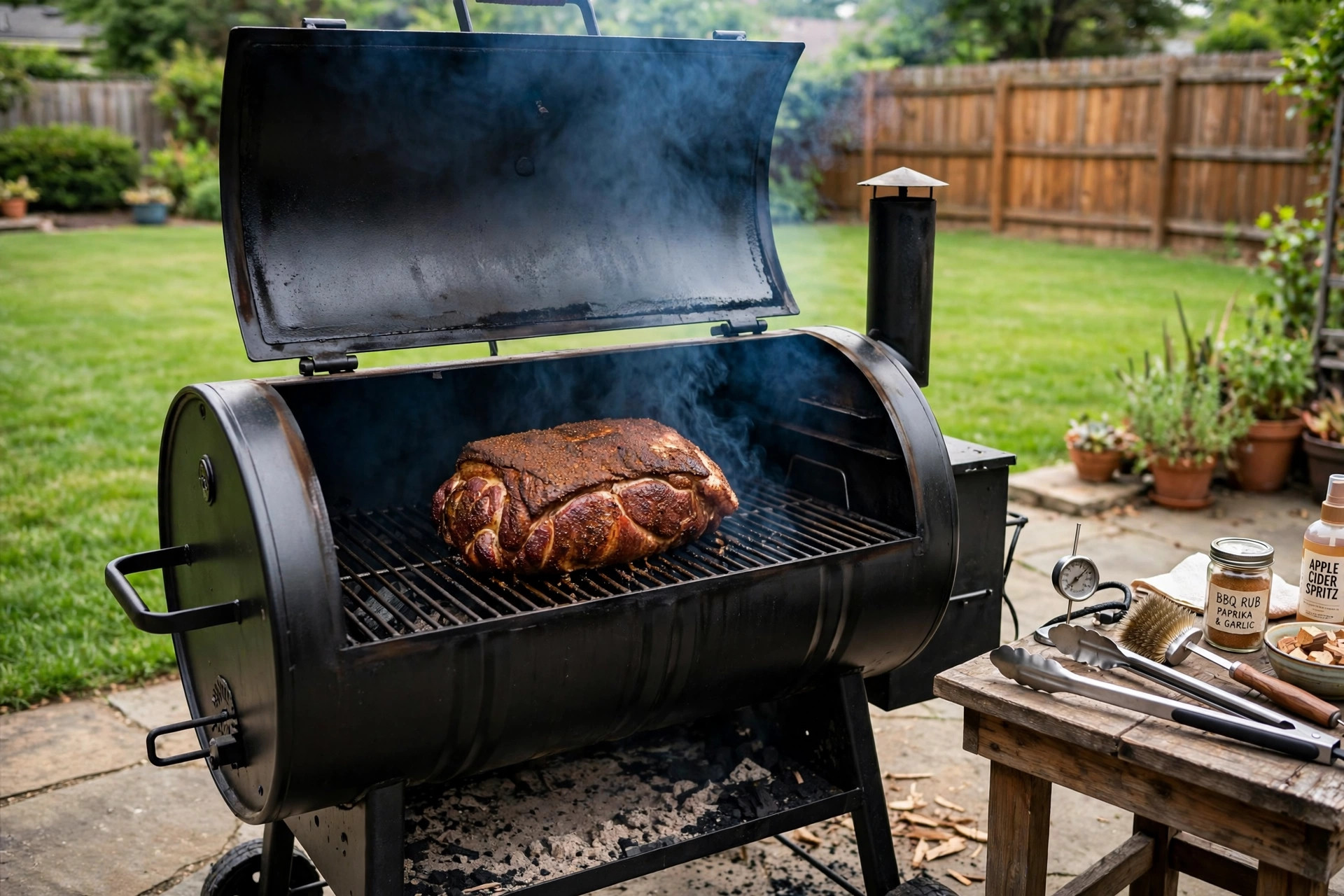 Pulled pork being prepared on a smoker for how to make pulled pork on smoker