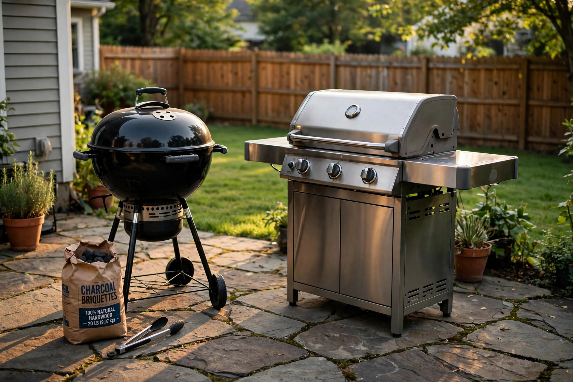 best grill for beginners gas vs charcoal: A charcoal kettle grill and a gas grill side by side on a backyard patio