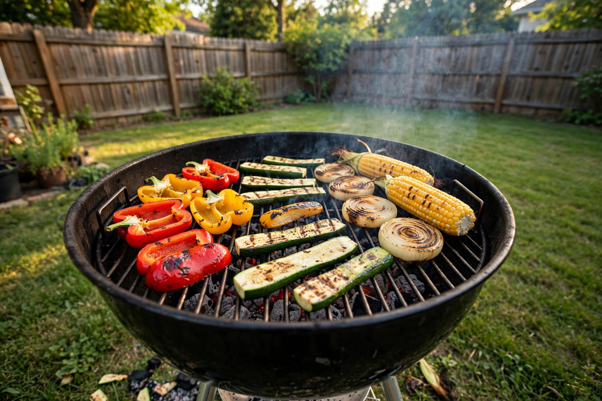 how to grill vegetables on charcoal grill: Charcoal grill with colorful vegetables cooking over hot coals