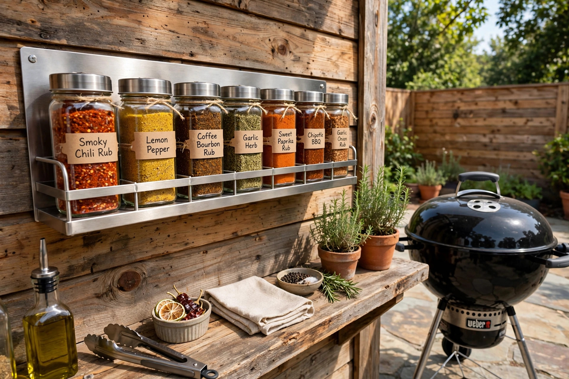 best outdoor spice rack for grill station: Outdoor spice rack with sealed jars at a backyard grill station