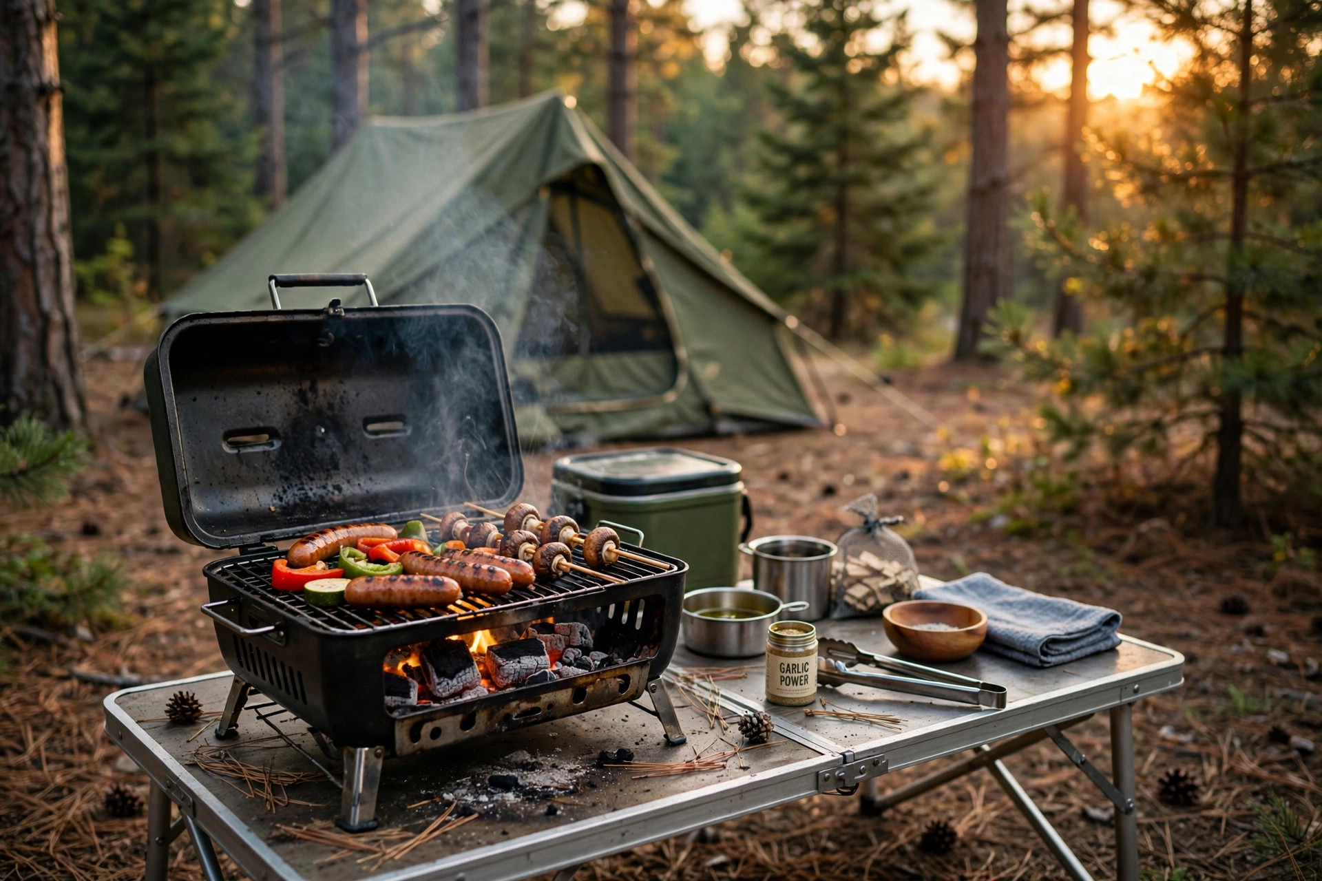 Best BBQ for camping trips reviews: portable grill set up at a campsite