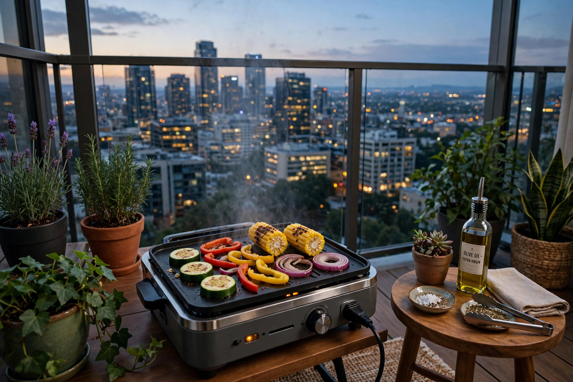 best grill for condo balcony reviews: A small electric grill cooking vegetables on a tidy condo balcony with a city view