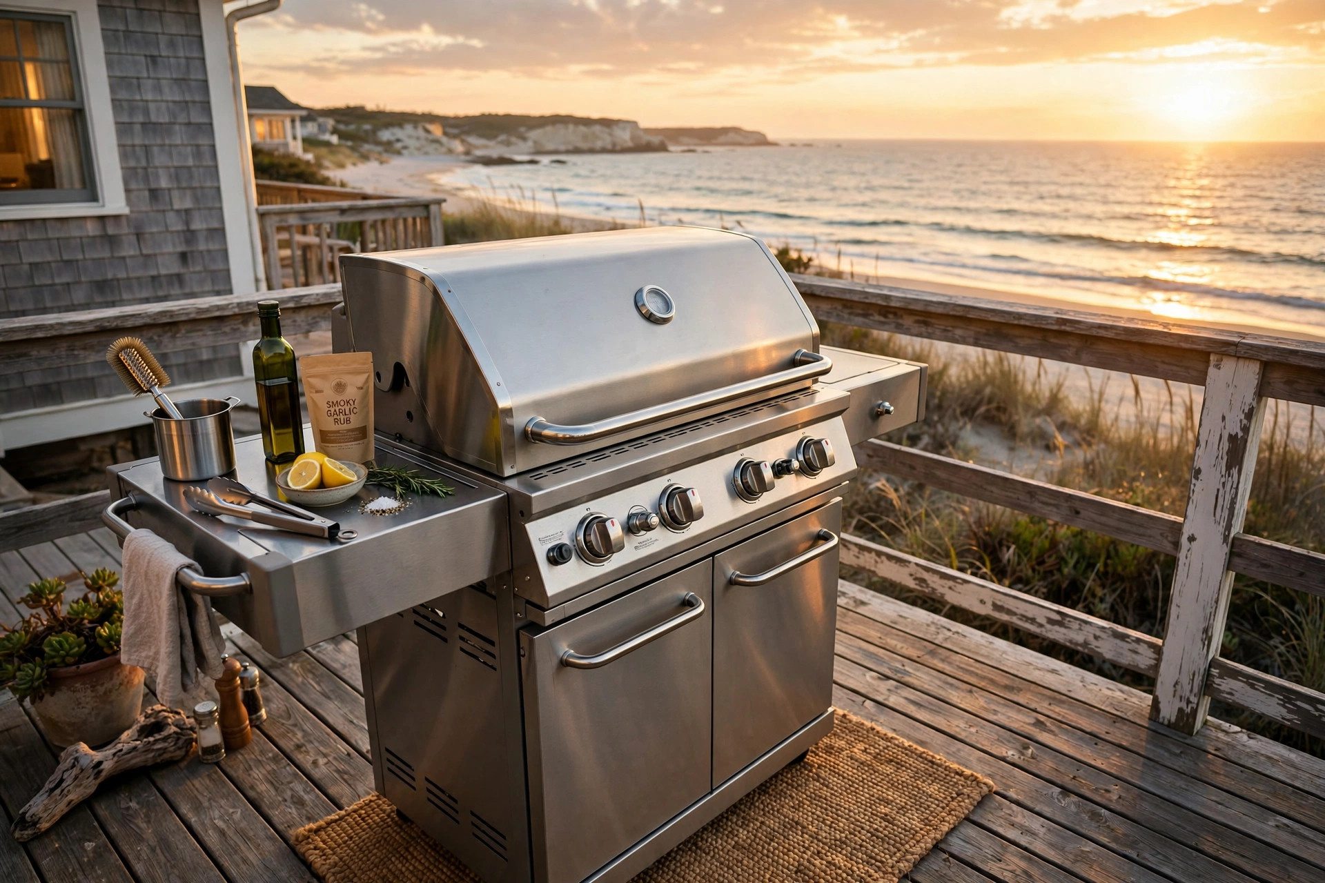 best grill for beach house reviews: A stainless steel gas grill on a beach house deck overlooking the ocean
