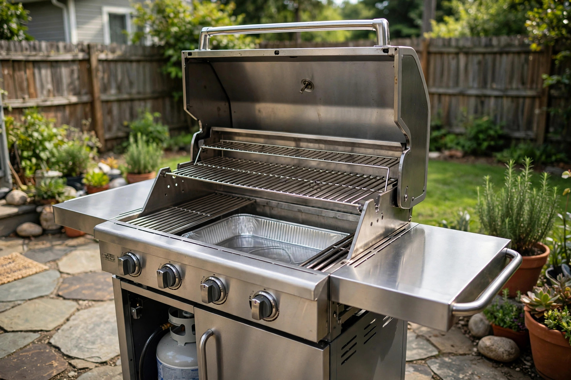 how to clean grease from gas grill: Close-up of a clean gas grill with shiny grates and an empty drip pan