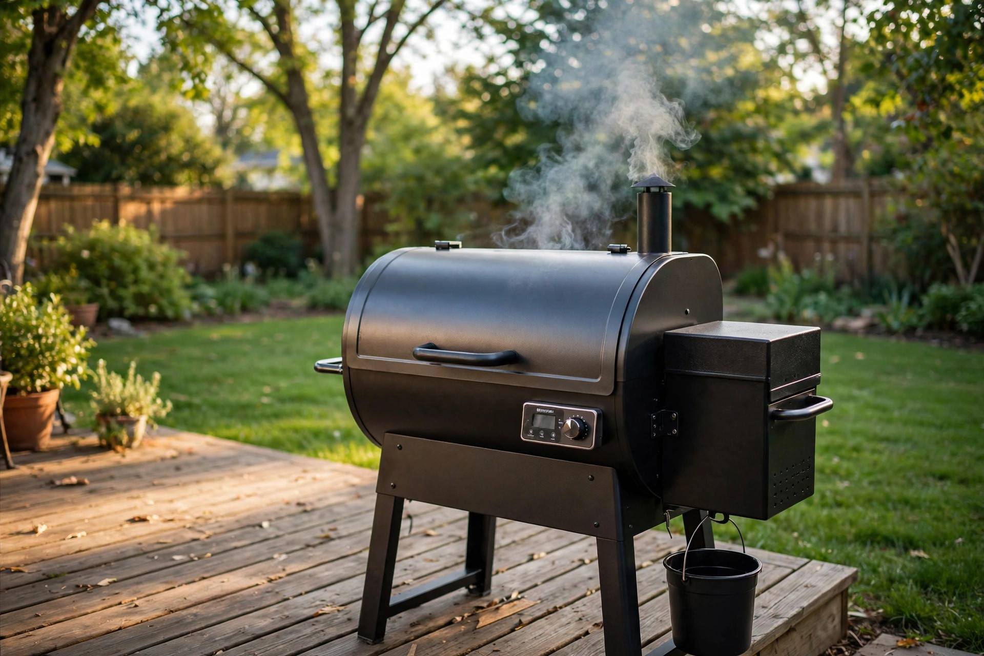 pellet grill grease fire prevention tips: Pellet grill on a backyard patio with light smoke from the chimney