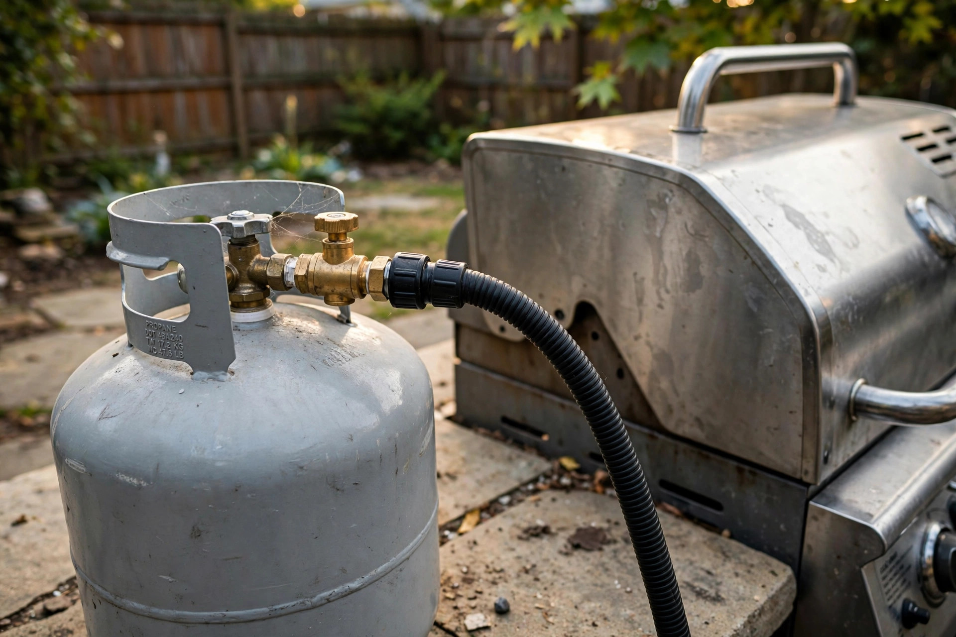 Close-up of a propane tank regulator and hose beside a gas grill, for gas grill regulator reset instructions