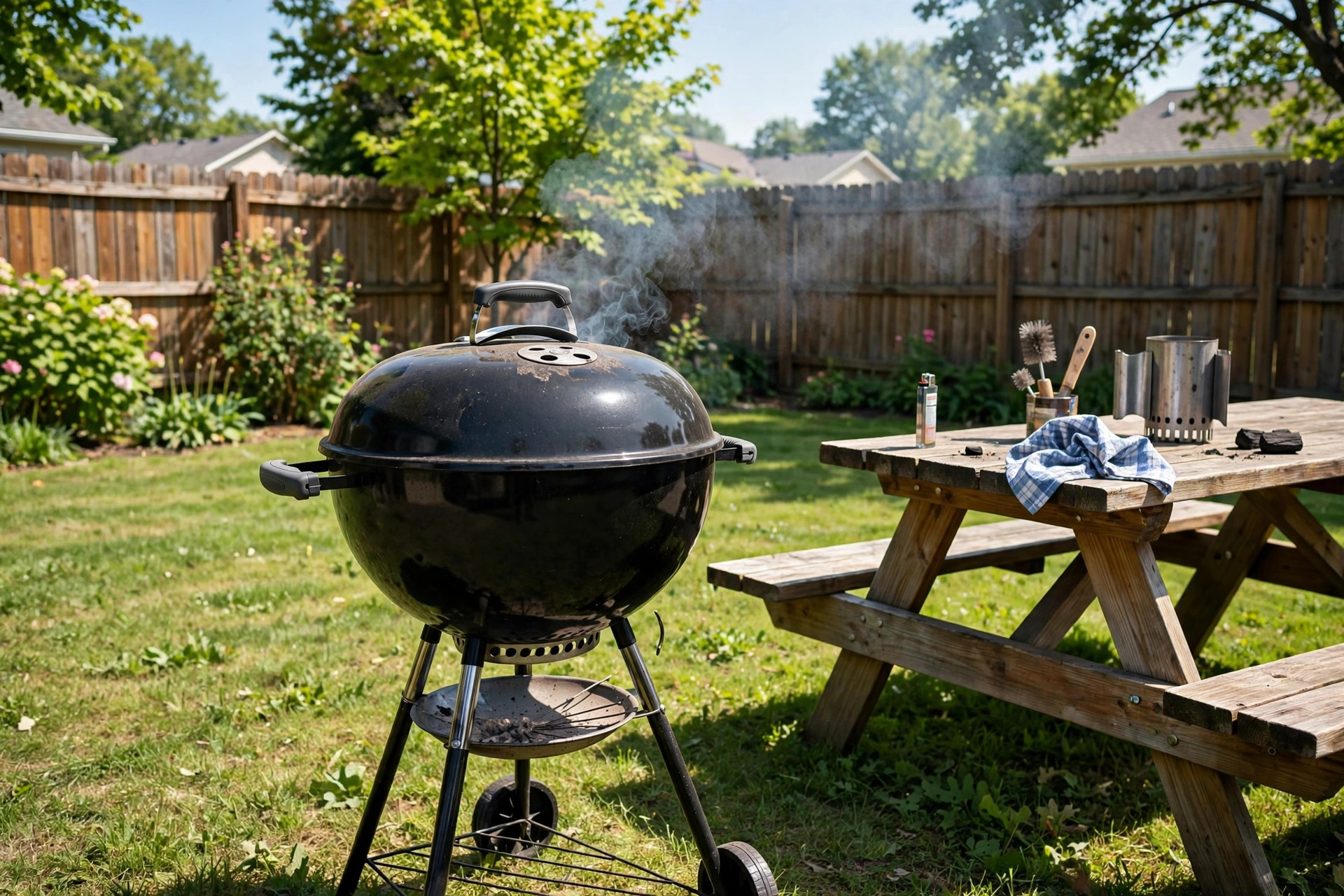 A charcoal grill in a sunny backyard, ready as the best bbq for fathers day gift