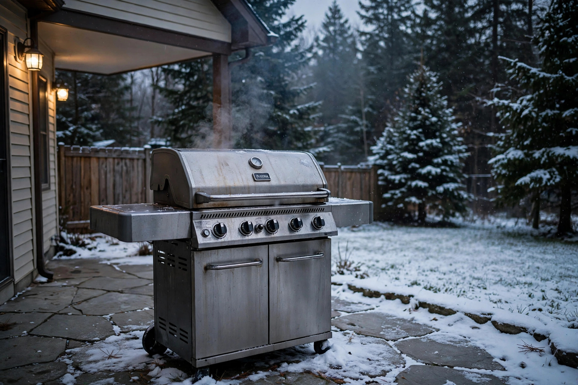best outdoor grill for winter grilling: Outdoor grill cooking on a snow-covered patio in winter