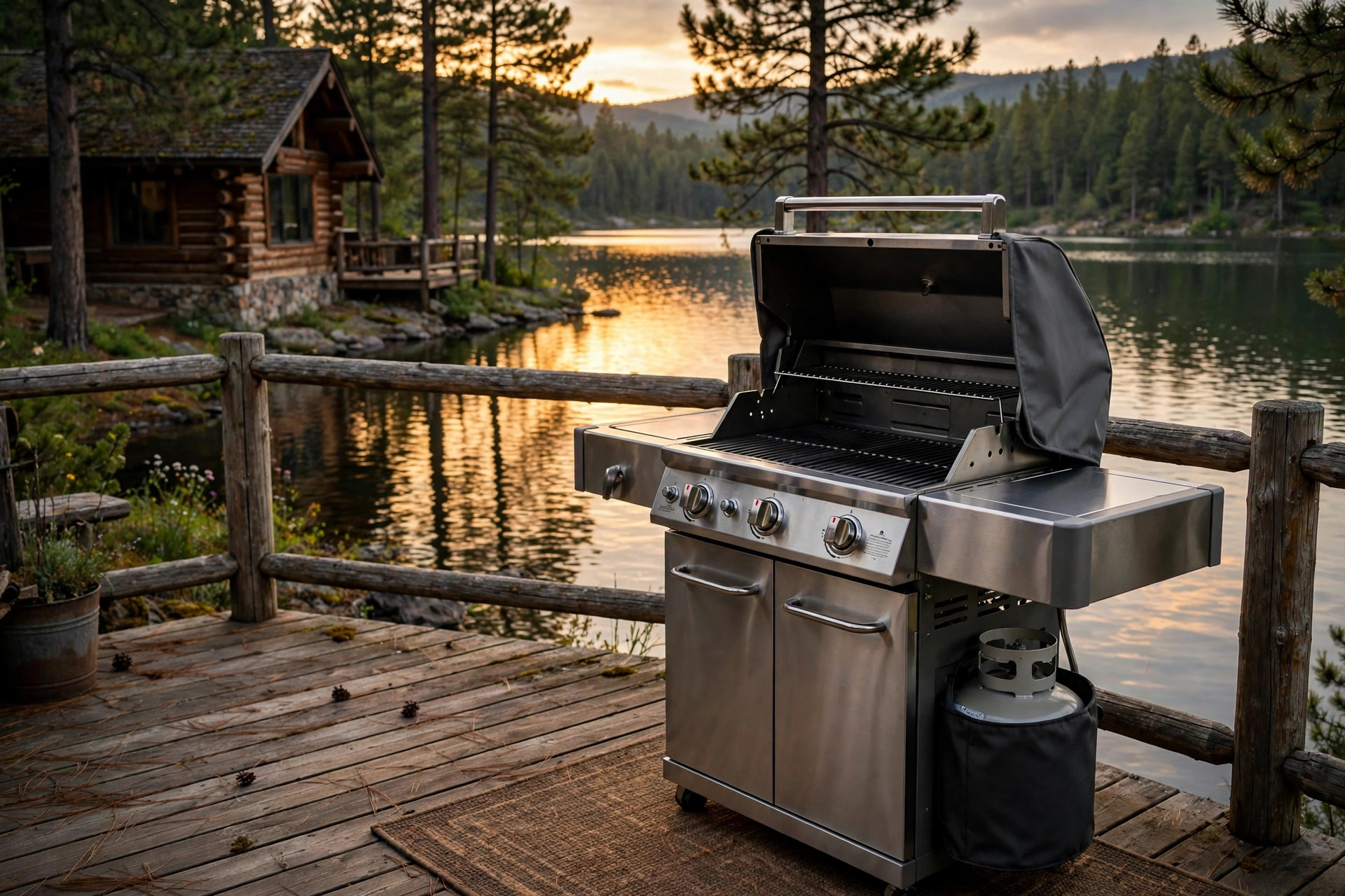 Best grill for lake cabin reviews on a wooden cabin deck at dusk