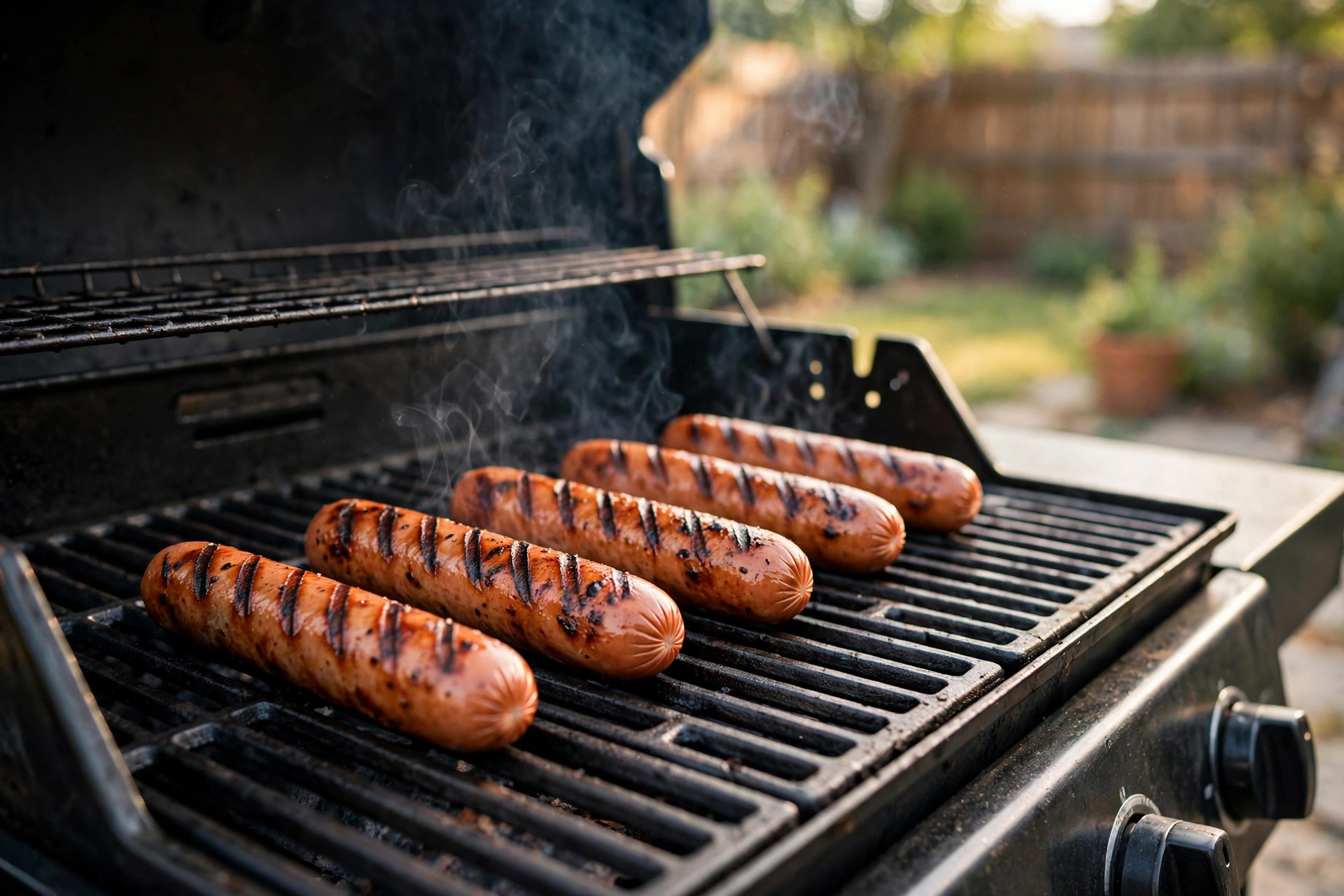 how to grill hot dogs like restaurant: Grilled hot dogs with char marks on a backyard grill