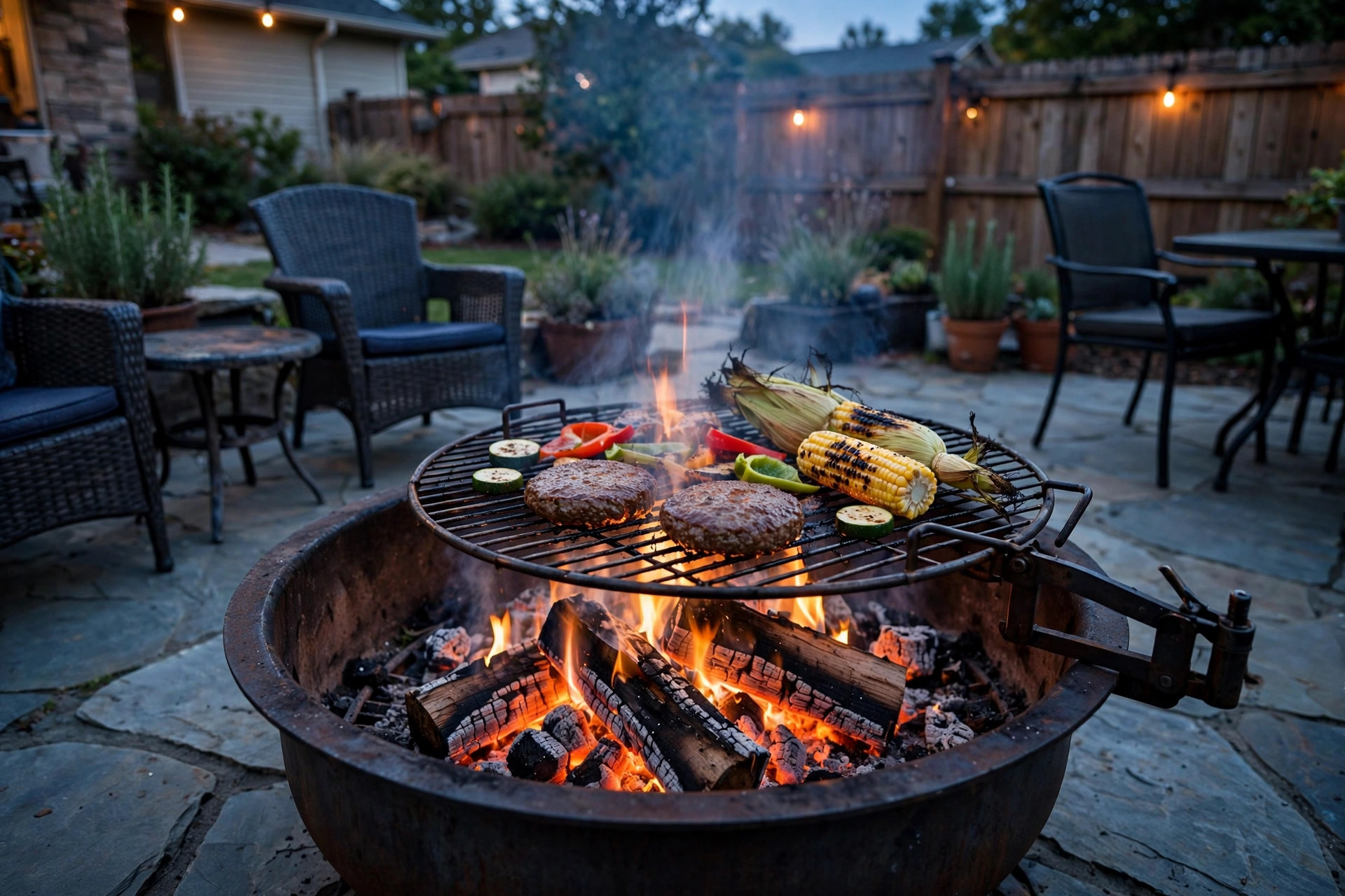 Outdoor fire pit grill combo on a backyard patio with best outdoor fire pit grill combo features
