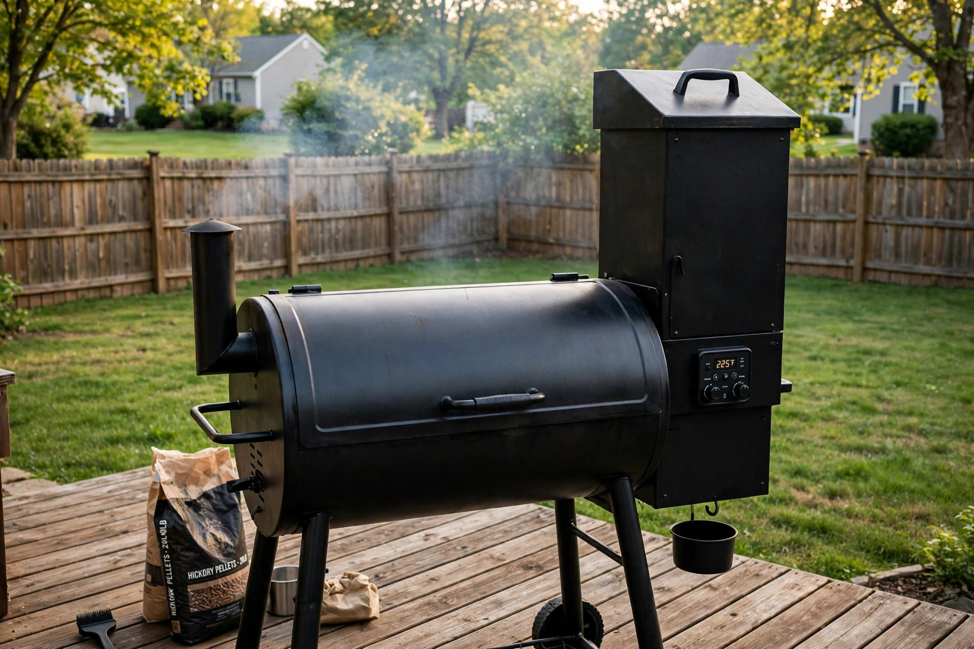 Pellet grill not heating troubleshooting guide showing a pellet grill on a backyard patio