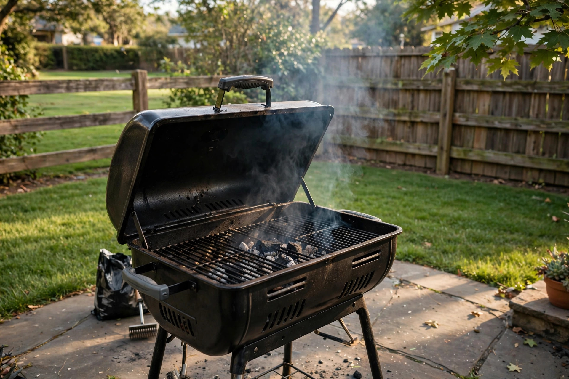 best grill for smoking and grilling: Backyard grill smoking gently on a patio