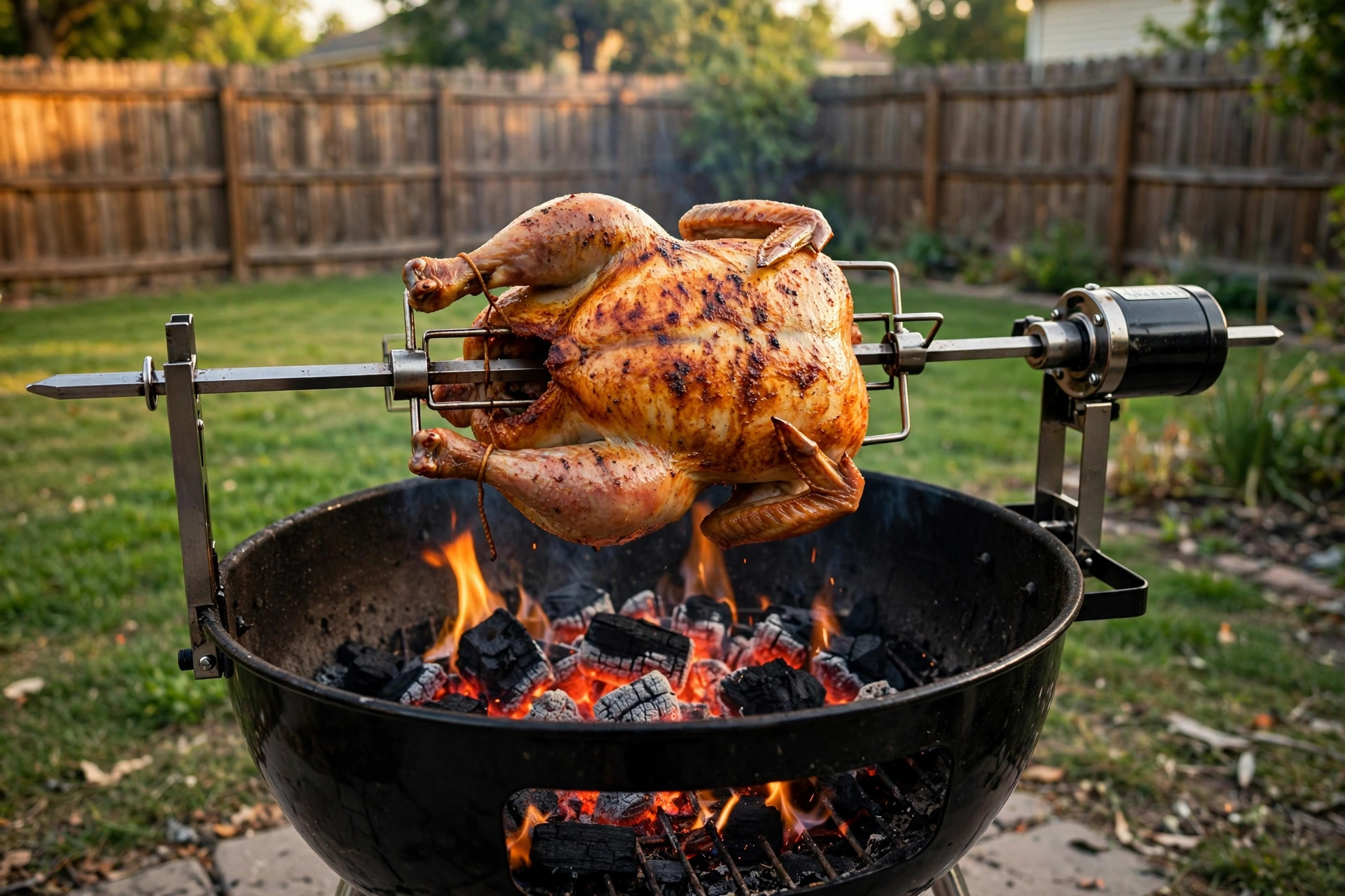 best outdoor rotisserie for whole chicken: Golden whole chicken turning on an outdoor rotisserie spit over a charcoal grill