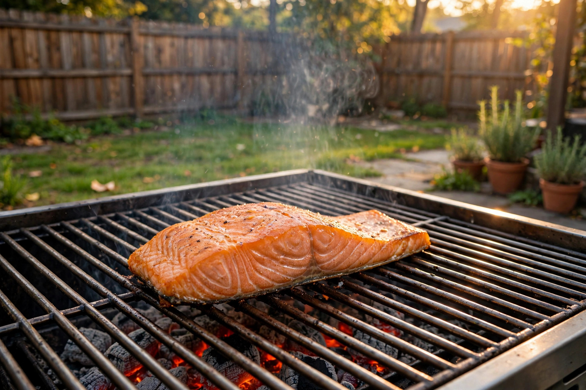 how to grill salmon without skin sticking: Grilled salmon fillet on hot grill grates